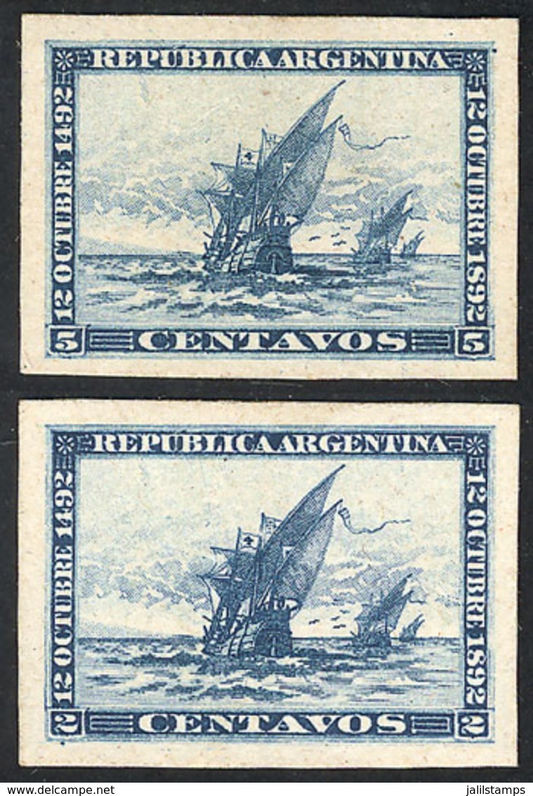 ARGENTINA: GJ.135/136, 1892 Discovery Of America 400 Years, PROOFS In Blue Printed On Card With White Front, VF Quality! - Other & Unclassified