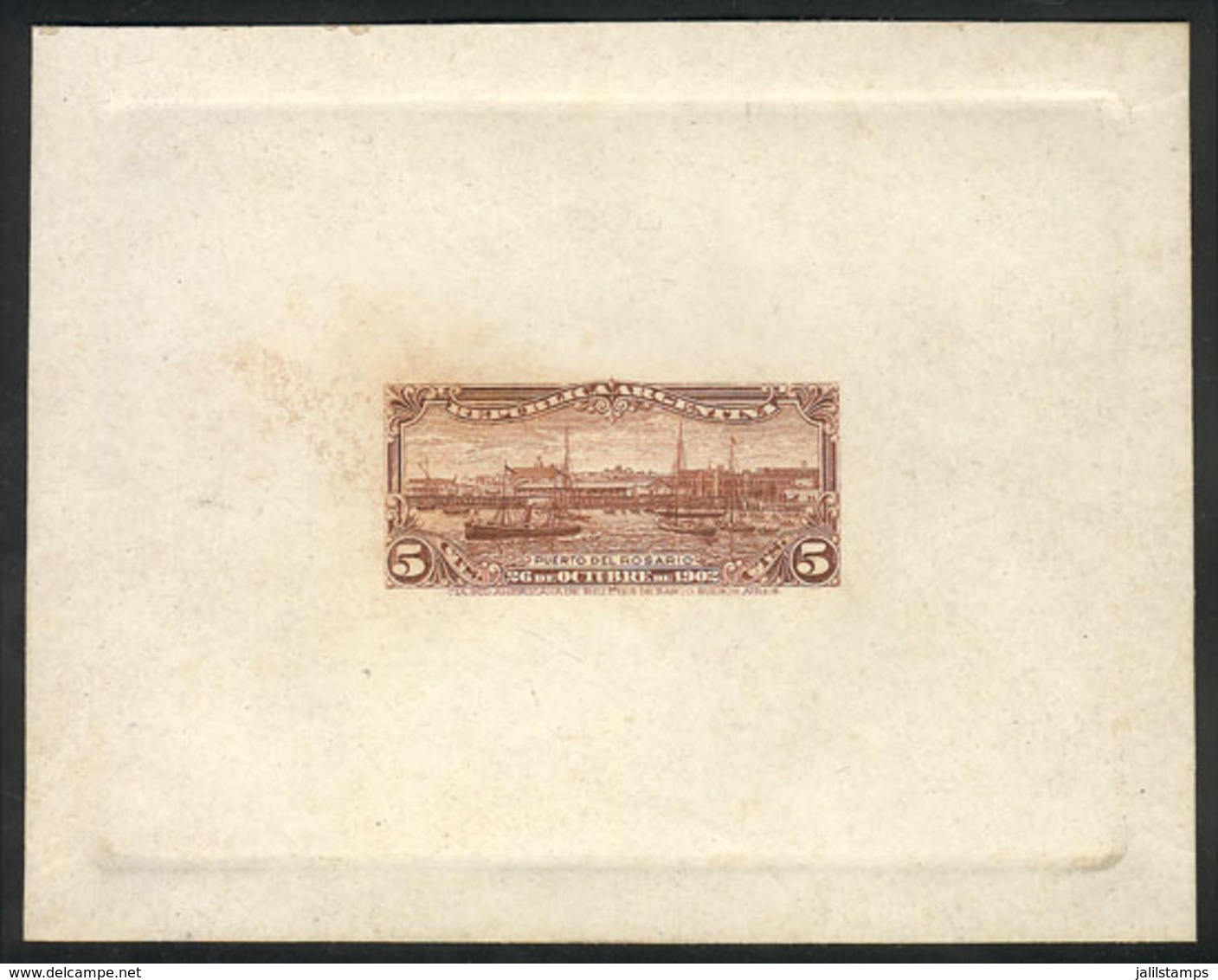 ARGENTINA: GJ.273, 1902 Port Of Rosario (ships, Sailing Boats), Die Proof In Chestnut Printed On Card With Glazed Front, - Other & Unclassified