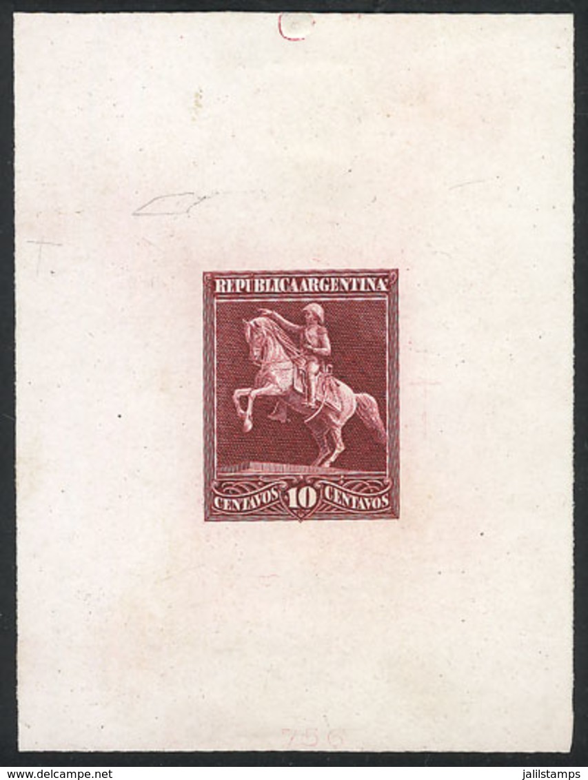 ARGENTINA: Circa 1910, Die Essay Of An Unadopted Design, 10c. Statue Of San Martín, Engraved In Redcurrant-red On Card O - Altri & Non Classificati