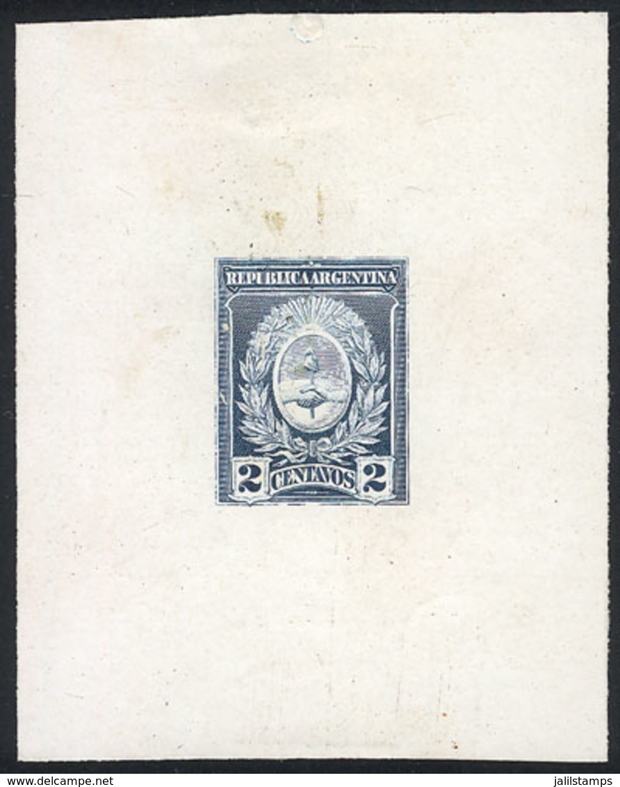 ARGENTINA: Circa 1910, Die Essay Of An Unadopted Design, 2c. Coat Of Arms, Engraved In Steel Blue On Card Of Glazed Fron - Other & Unclassified