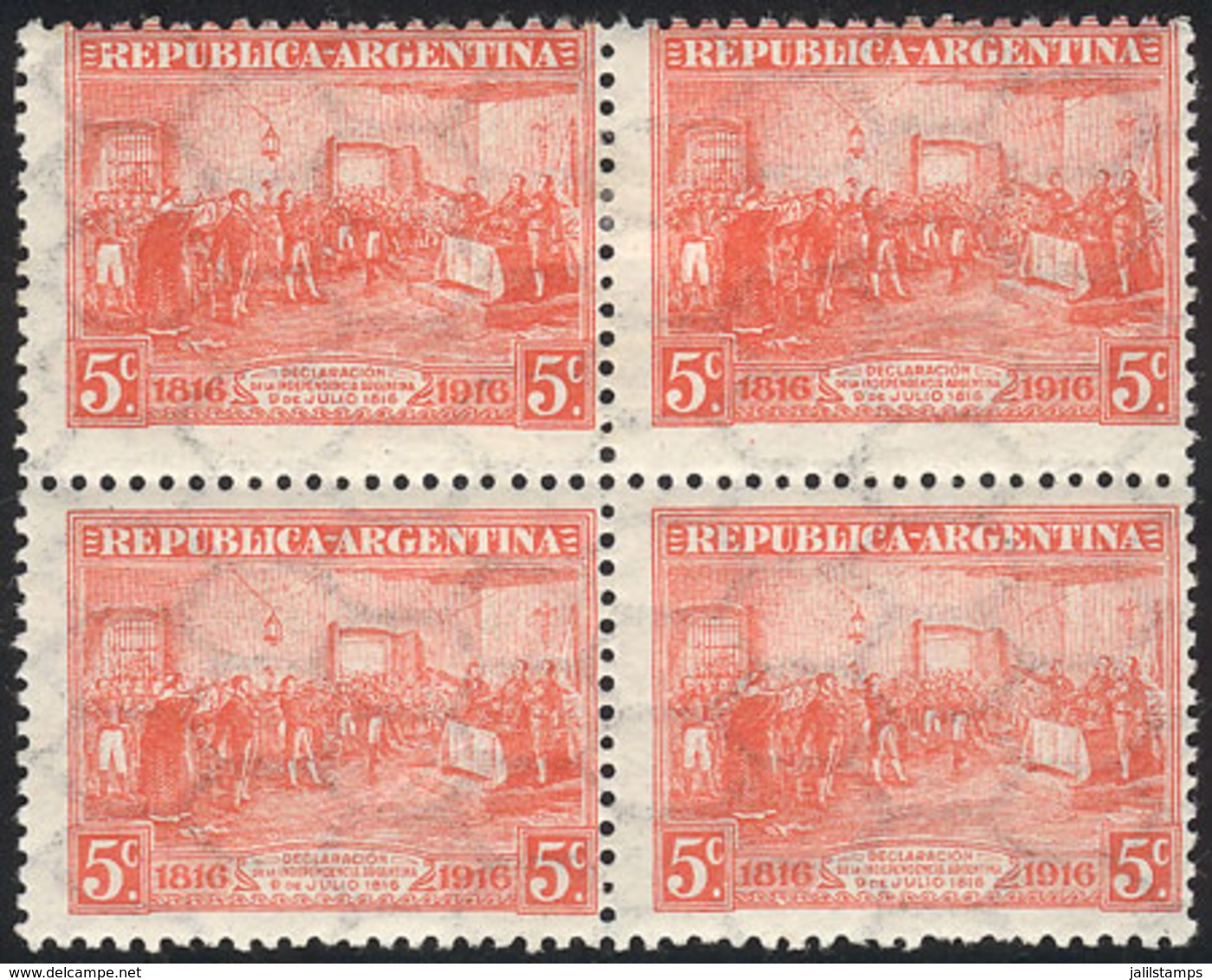 ARGENTINA: GJ.413, 1916 5c. Centenary Of Independence With HORIZONTAL HONEYCOMB Watermark, Fantastic Mint Block Of 4 (to - Other & Unclassified