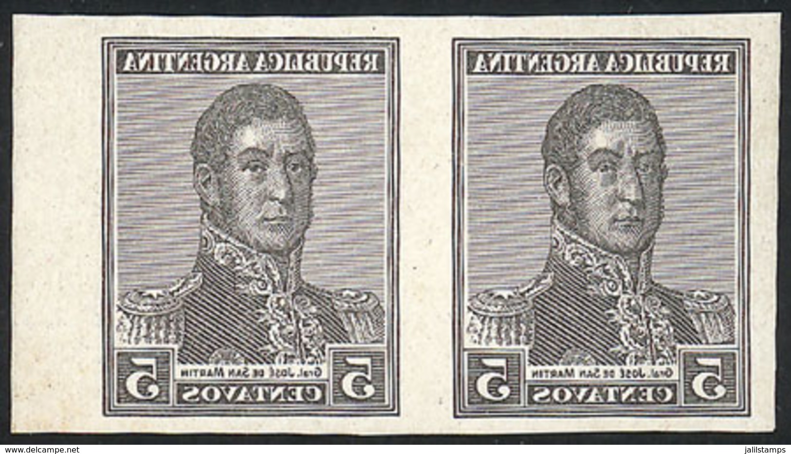 ARGENTINA: GJ.428, 1917 5c. San Martín, PROOF In Negative, Imperforate Pair Printed In Black On Glazed Card, VF Quality! - Other & Unclassified