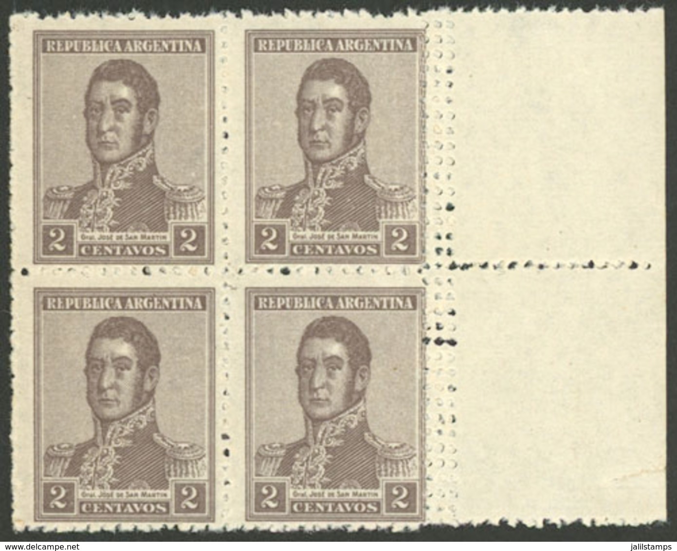 ARGENTINA: GJ.459, Block Of 4 With TRIPLE Vertical Perforation Var. At Right, Excellent! - Altri & Non Classificati