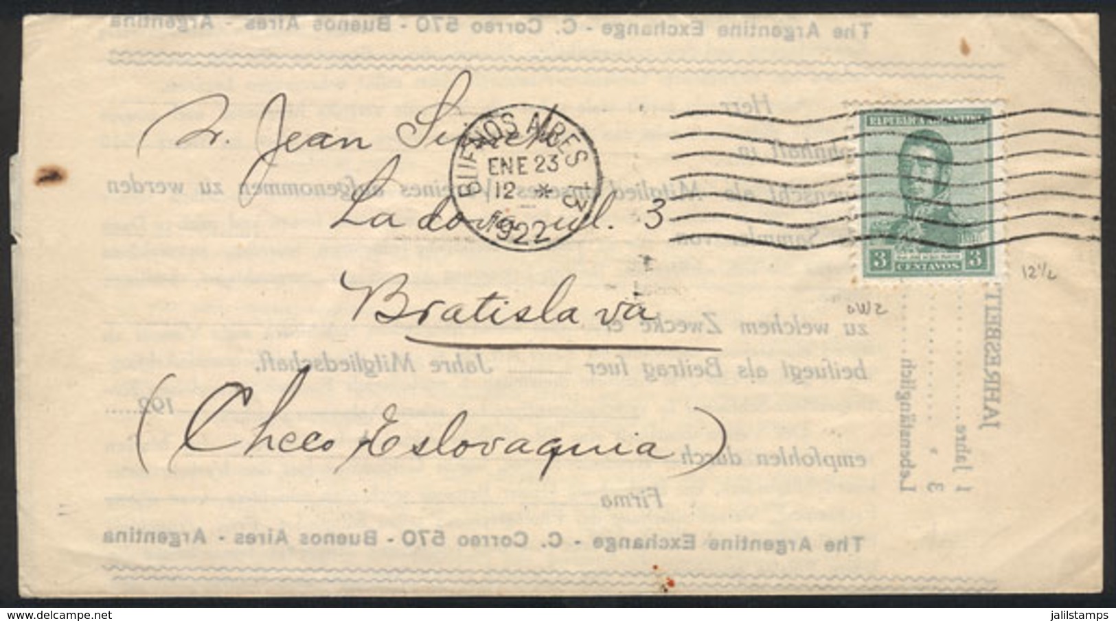 ARGENTINA: GJ.460, 3c. San Martín Without Watermark Franking ALONE A Printed Matter Sent To Czechoslovakia On 23/JA/1922 - Altri & Non Classificati
