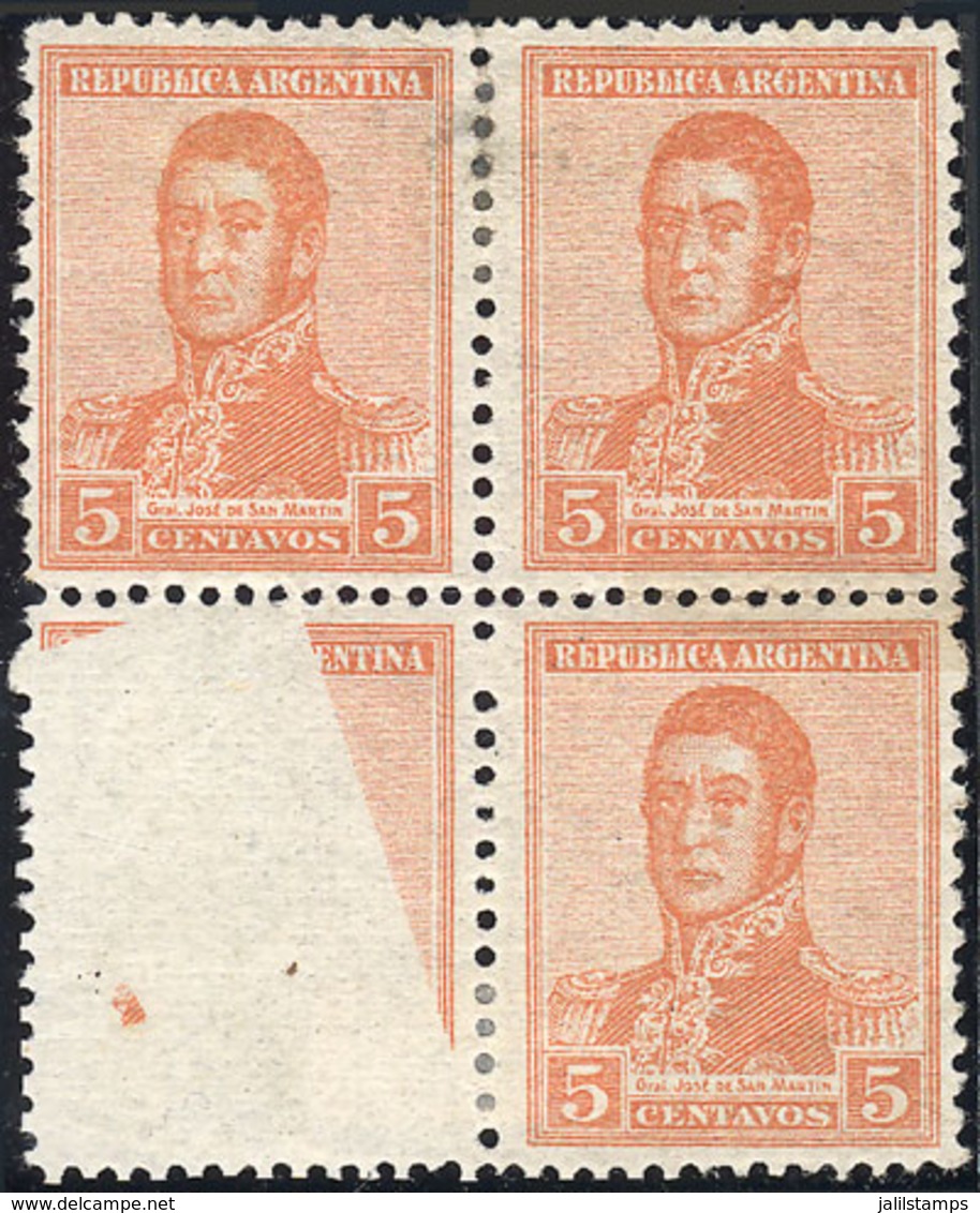 ARGENTINA: GJ.462, Block Of 4, One Stamp PARTIALLY UNPRINTED, Rare! - Andere & Zonder Classificatie