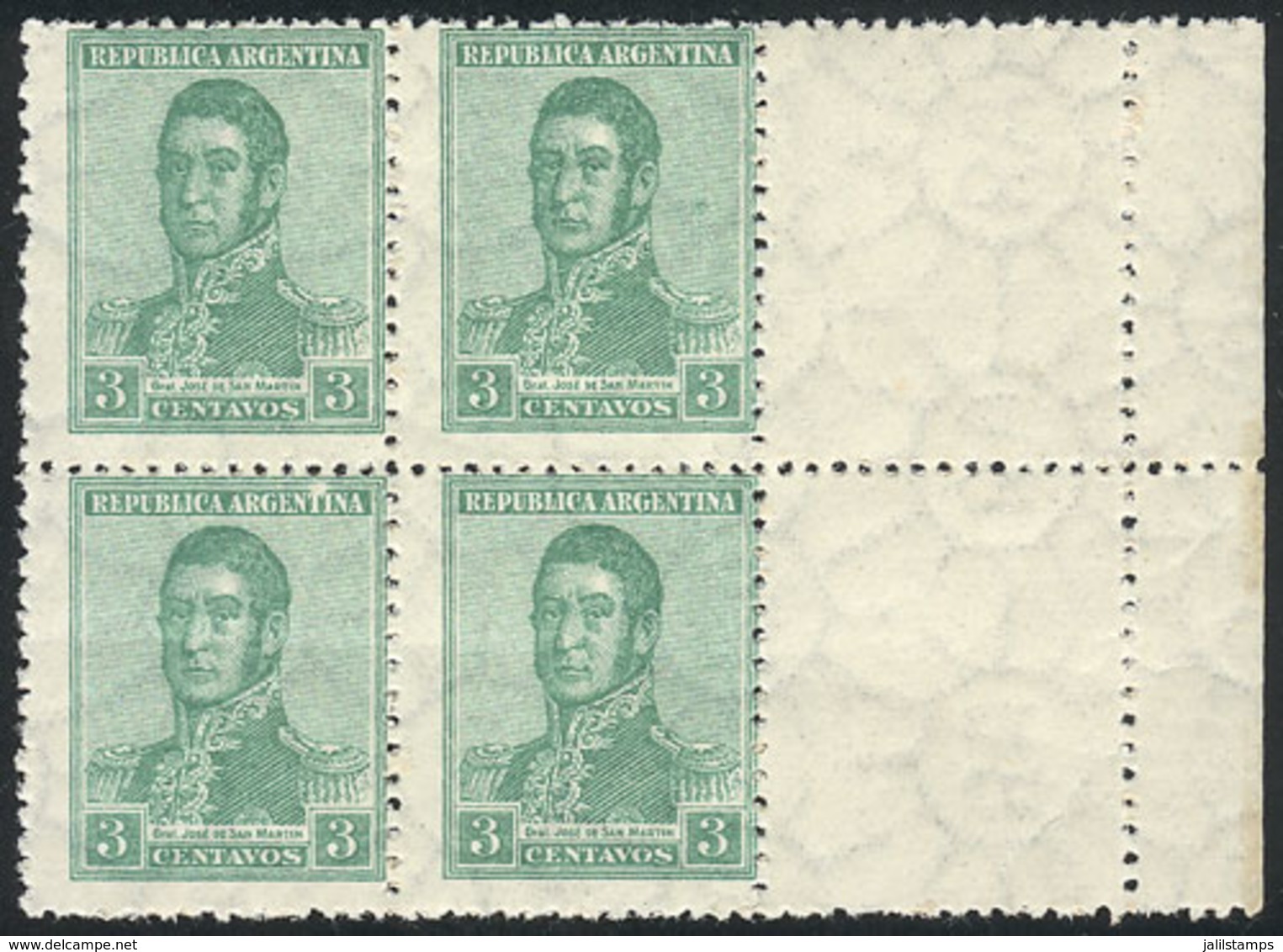 ARGENTINA: GJ.546CD, 1922 3c. San Martín With Large Sun Wmk, Block Of 4 With LABELS AT RIGHT, MNH (+50%), Excellent! - Sonstige & Ohne Zuordnung