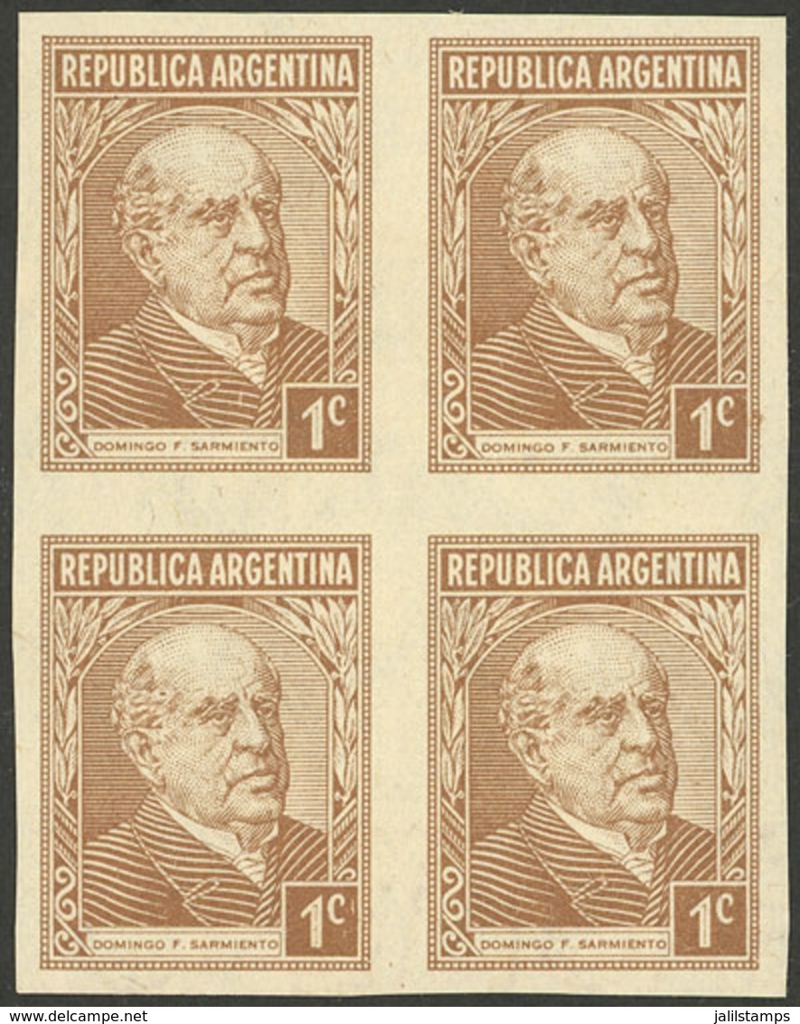 ARGENTINA: GJ.737, 1935 1c. Sarmiento, PROOF In The Issued Color, Block Of 4 Printed On Special Paper For Specimens, VF  - Autres & Non Classés