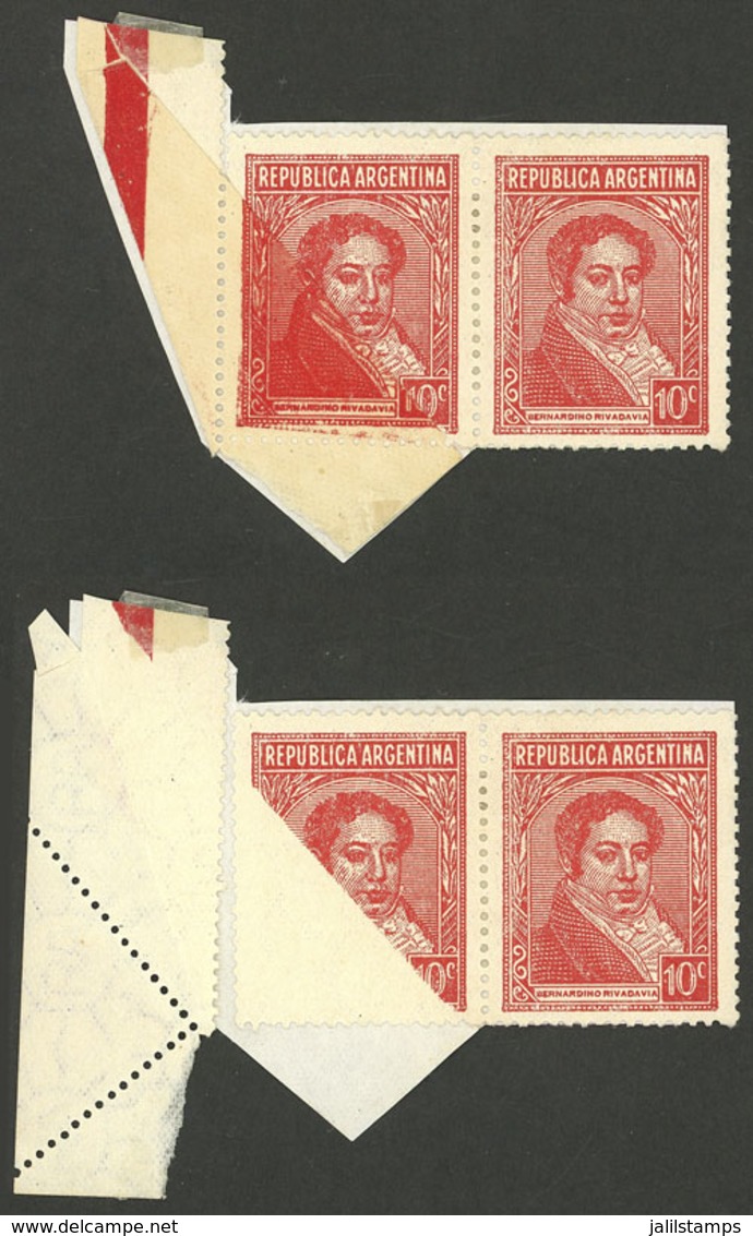 ARGENTINA: GJ.796, 10c. Rivadavia, Pair, The Left Stamp Partially (about 50%) Unprinted And With That Area Printed On Ba - Autres & Non Classés