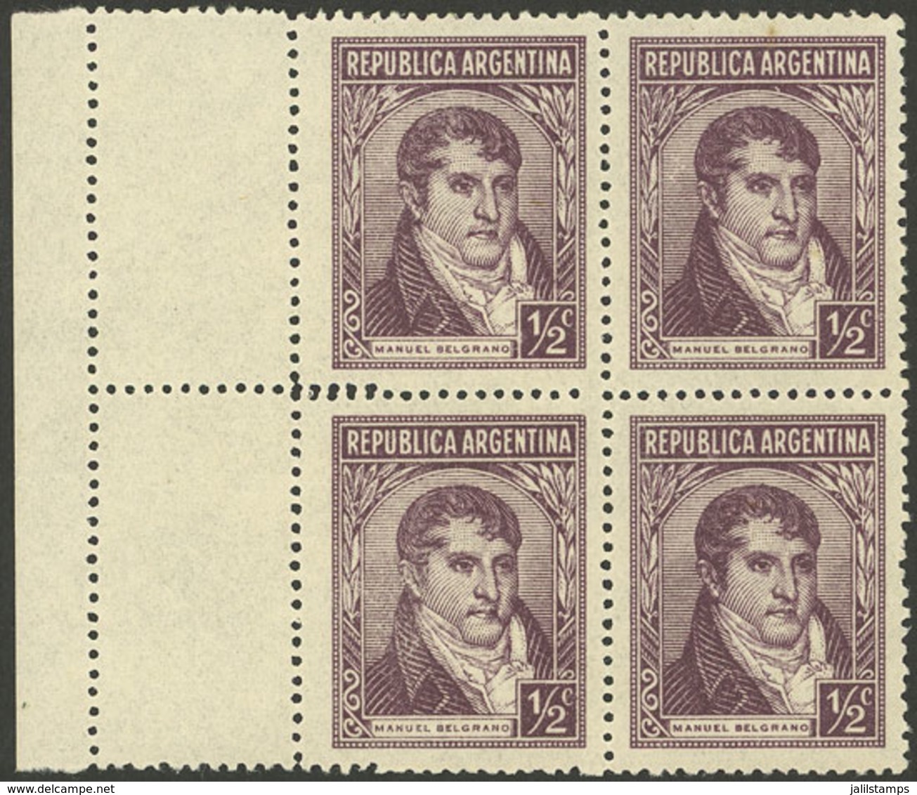 ARGENTINA: GJ.802, ½c. Belgrano Without Watermark, Block Of 4 With DOUBLE PERFORATION On The Left Border Producing 2 Sma - Altri & Non Classificati