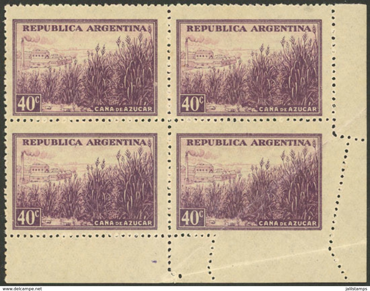 ARGENTINA: GJ.810, 40c. Sugar Cane W/o Watermark, Corner Block Of 4 With Notable Perforation Variety! - Autres & Non Classés