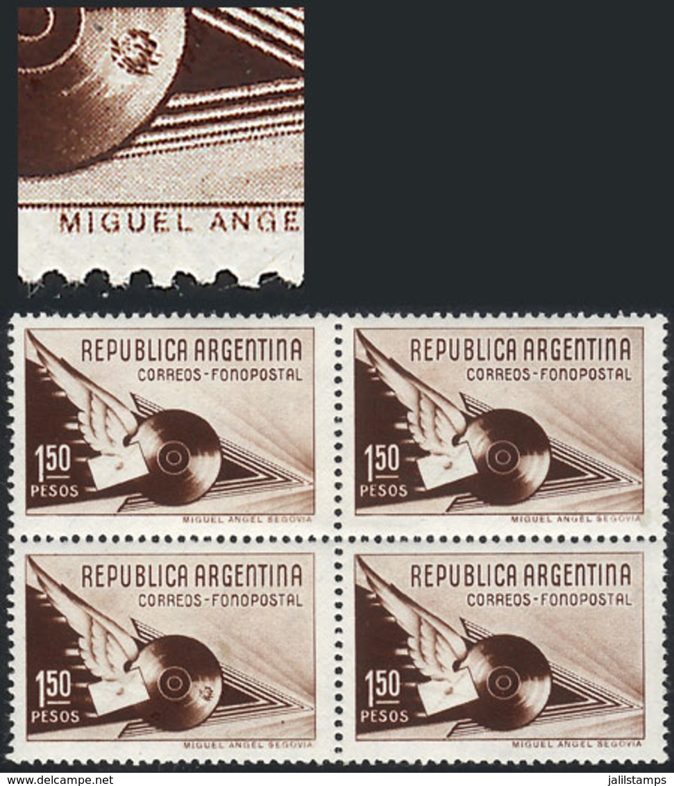 ARGENTINA: GJ.838a, 1939 1.50P. Fonopost, Block Of 4 Including The Variety "broken Record" (position 68), 2 With Tiny An - Other & Unclassified