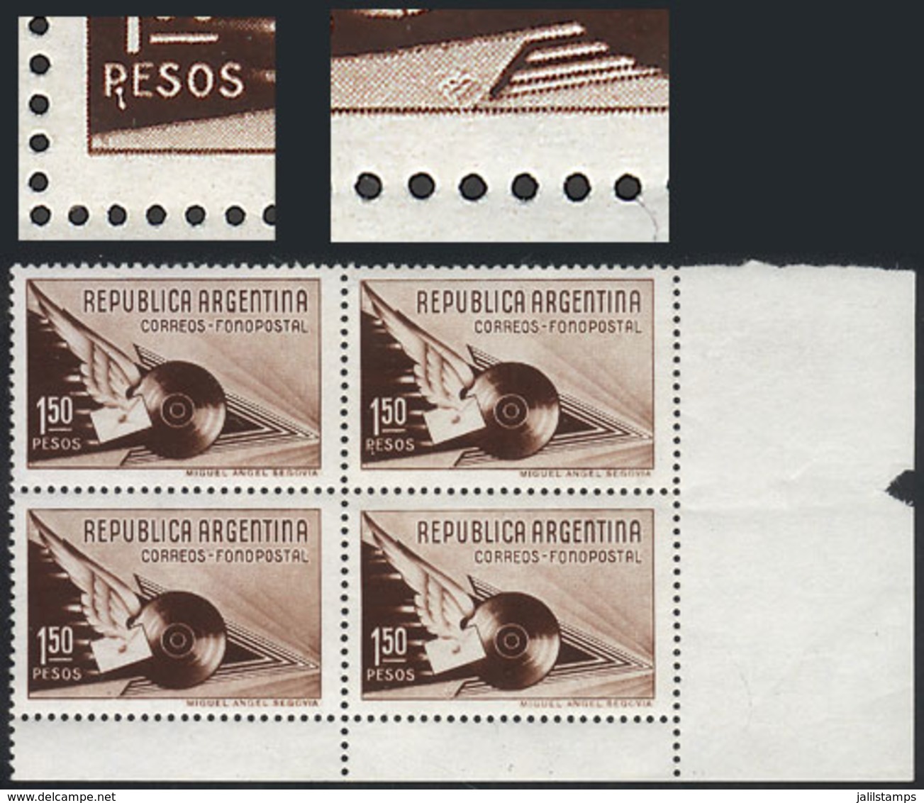 ARGENTINA: GJ.838b + 838c, 1939 1.50P. Fonopost, Block Of 4 Including The Varieties "Period And Comma Between The P And  - Other & Unclassified