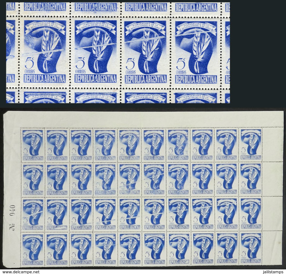 ARGENTINA: GJ.957, Top Part Of The Sheet (40 Stamps) With Notable VARIETY: Defective Impression Of About 20 Stamps (thic - Autres & Non Classés