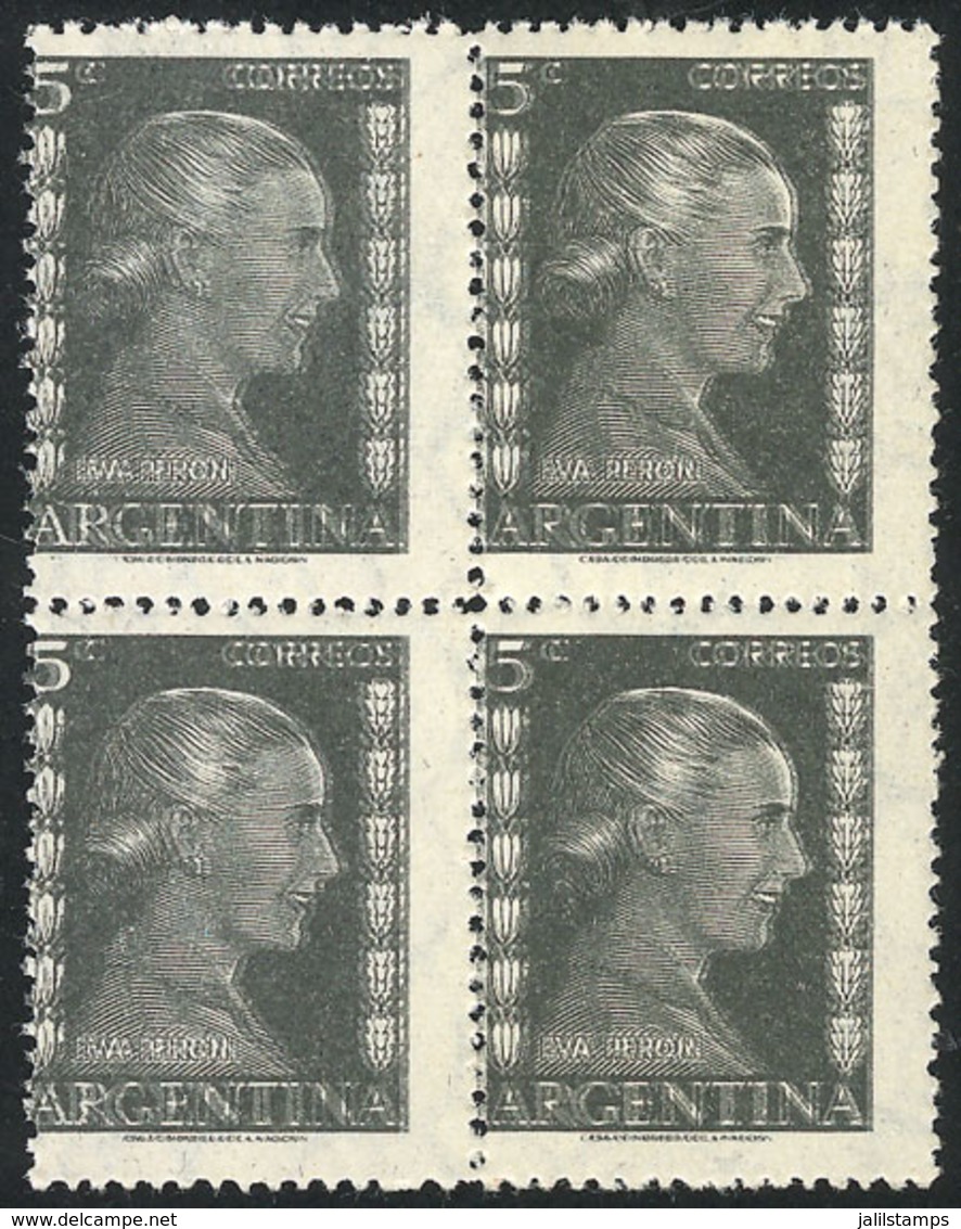 ARGENTINA: GJ.1004a, 1952 5c. Eva Perón, Block Of 4 With Complete DOUBLE IMPRESSION Very Separated Between Them, Very No - Sonstige & Ohne Zuordnung