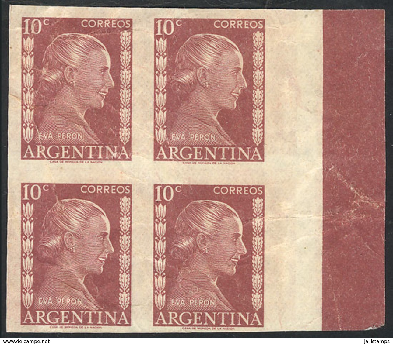 ARGENTINA: GJ.1005, Eva Perón 10c., PROOF In The Issued Color, Imperforate Block Of 4 Printed On Paper, On Back It Bears - Autres & Non Classés