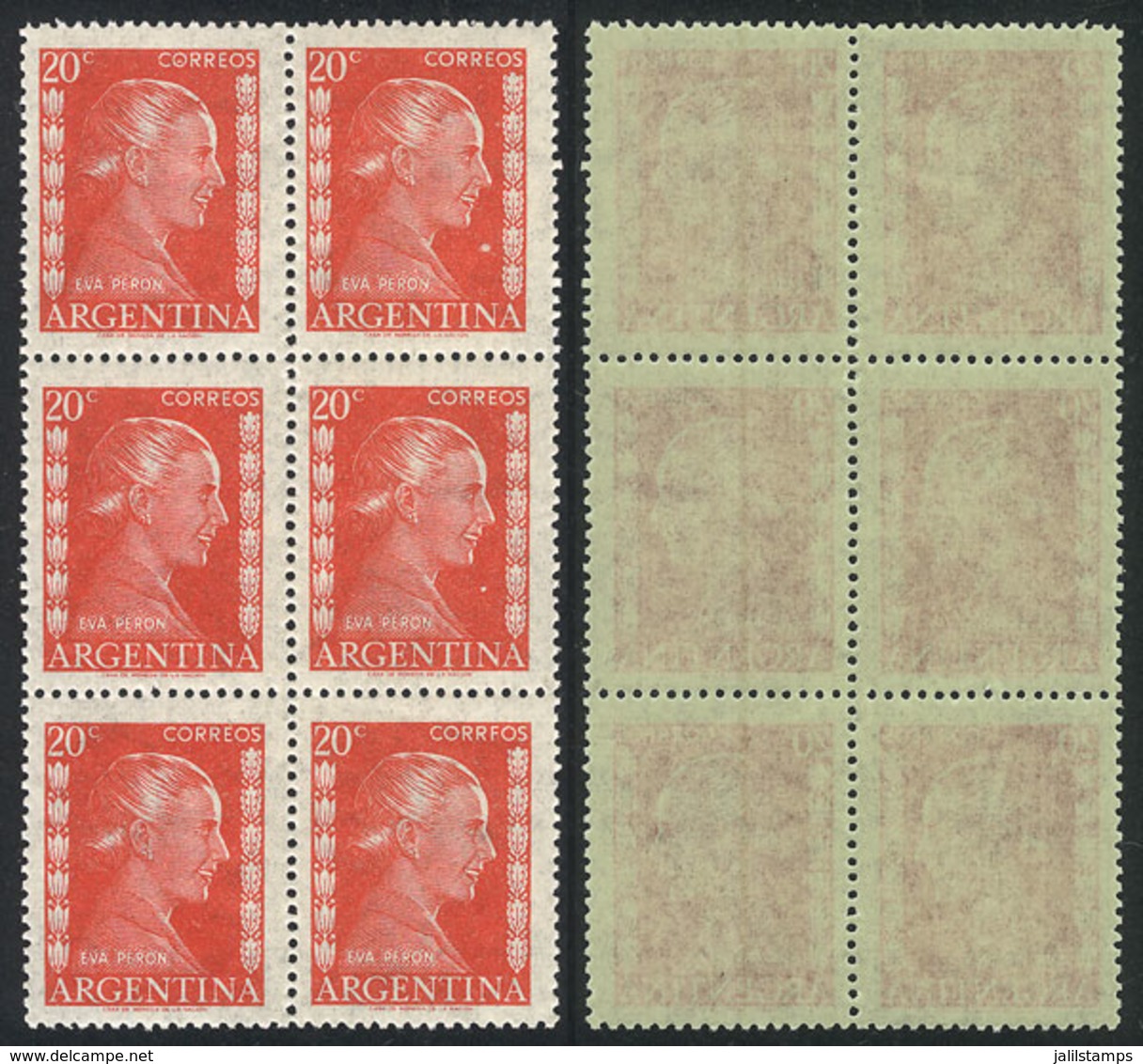 ARGENTINA: GJ.1006A, 1952 20c. Eva Perón, Printed On National Unsurfaced Paper, Block Of 6, The Right Examples With VERT - Altri & Non Classificati