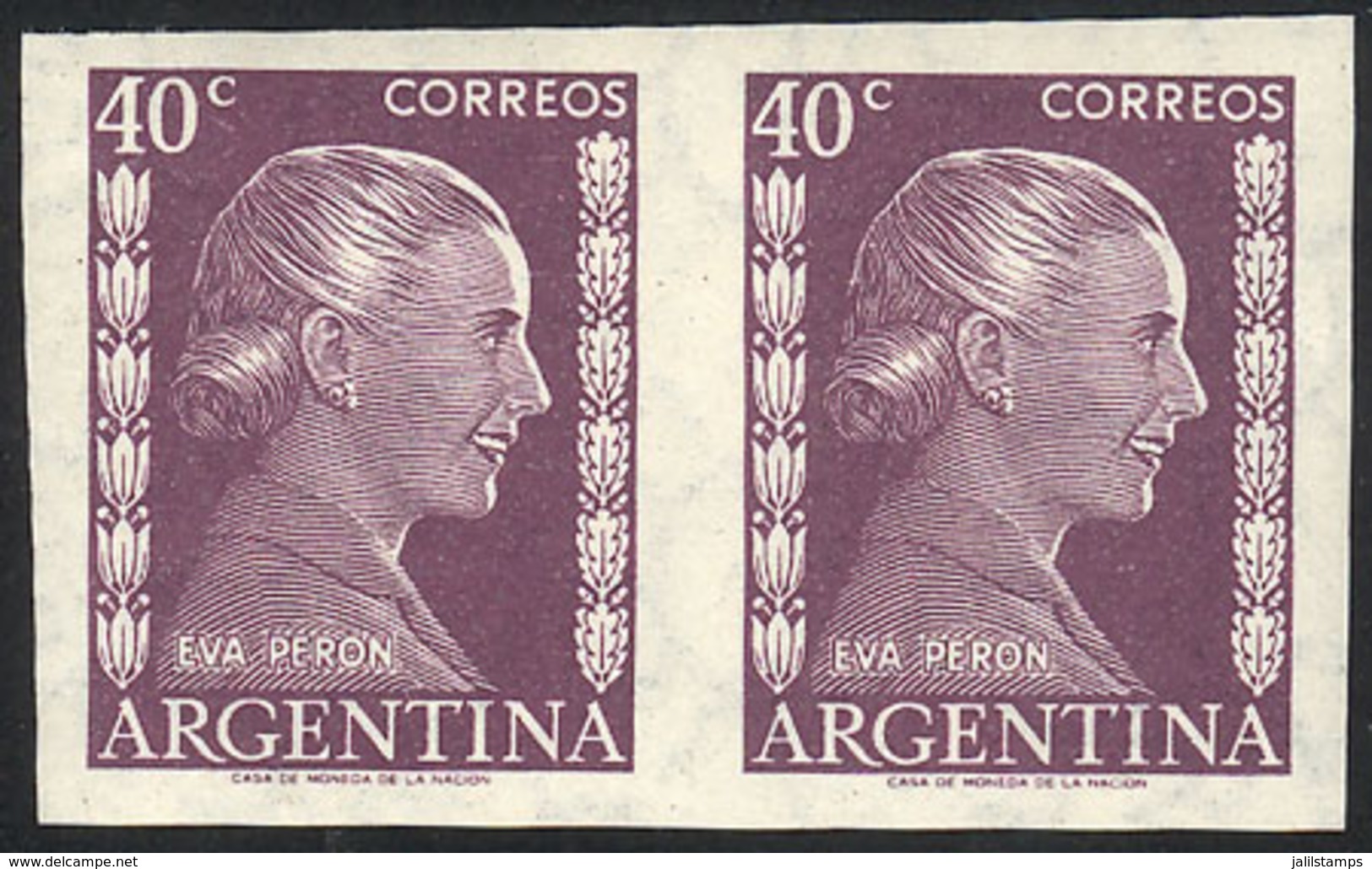 ARGENTINA: GJ.1008P, Eva Perón 40c., IMPERFORATE PAIR, Mint With Tiny Hinge Mark (it Appears To Be MNH) - Autres & Non Classés