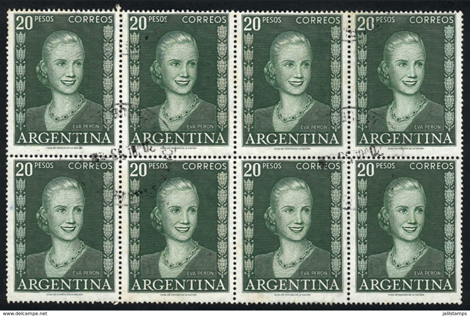 ARGENTINA: GJ.1021, 20P. Eva Perón, Fantastic Used Block Of 8 Stamps, Excellent Quality, Very Rare, Probably The Largest - Altri & Non Classificati