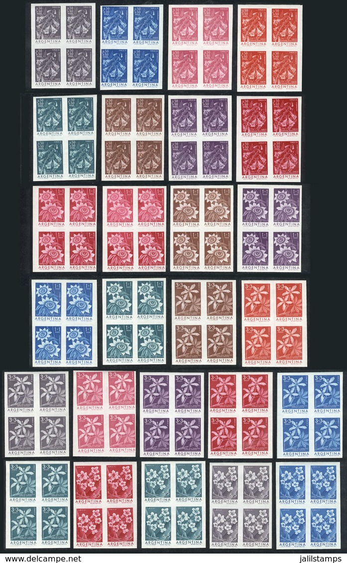 ARGENTINA: GJ.1200/1203, 1960 Flowers, 26 Different TRIAL COLOR PROOFS In Imperforate Blocks Of 4, MNH, Printed In Varie - Other & Unclassified