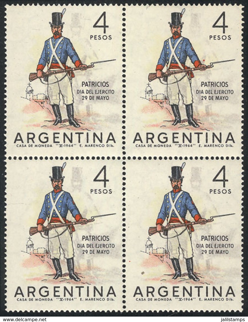 ARGENTINA: GJ.1279, 1964 Soldier, Block Of 4 With VARIETY: Gray Color Shifted To The Right (like A Ghost), VF Quality! - Autres & Non Classés