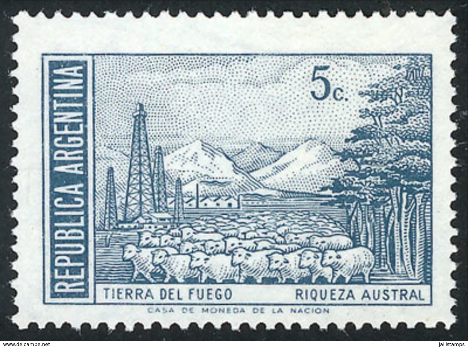 ARGENTINA: GJ.1540ASG, 5c. Southern Riches (petroleum, Sheeps, Trees, Mountains) PRINTED ON GUM Variety, MNH, Excellent  - Other & Unclassified