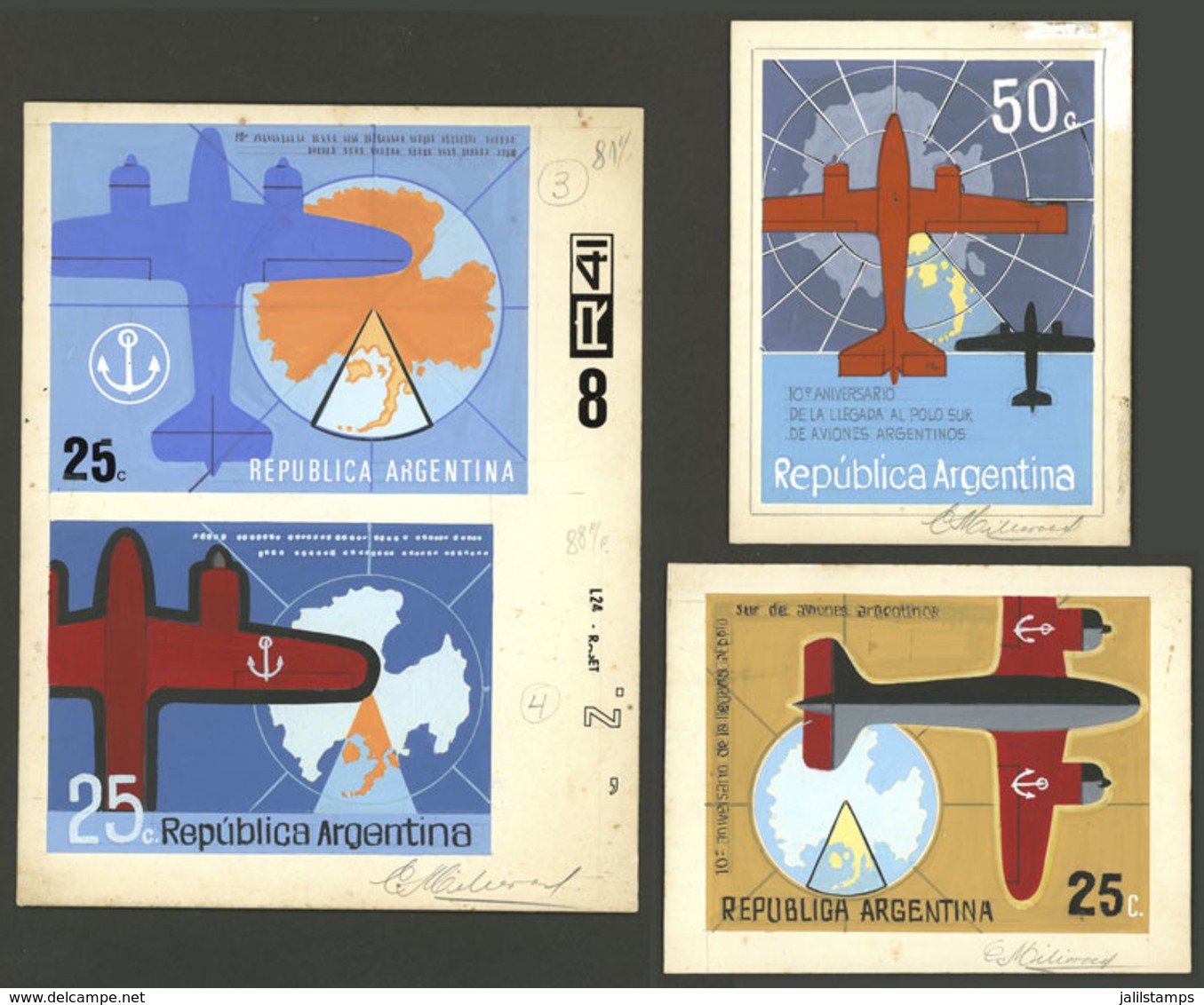 ARGENTINA: GJ.1607, 1973 Argentine Airplanes In The South Pole 10th Anniversary, 4 Unadopted Designs Of Artist Miliavaca - Altri & Non Classificati