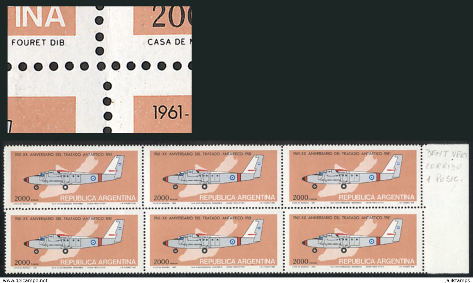 ARGENTINA: GJ.1980, Block Of 6 With Variety: STEPPED PERFORATION Between The Top And Lower Rows, VF! - Other & Unclassified
