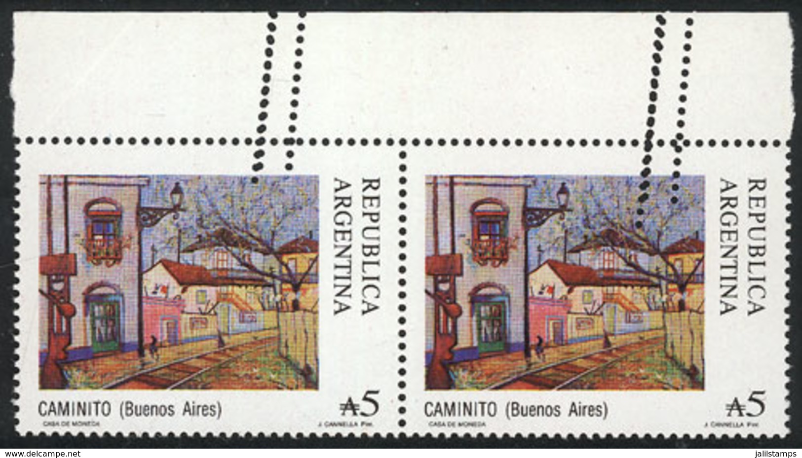 ARGENTINA: GJ.2388, 1988/91 A5 Caminito, Pair With DIAGONAL PERFORATION REENTRY In The Top Margin, VF Quality And Rare! - Autres & Non Classés