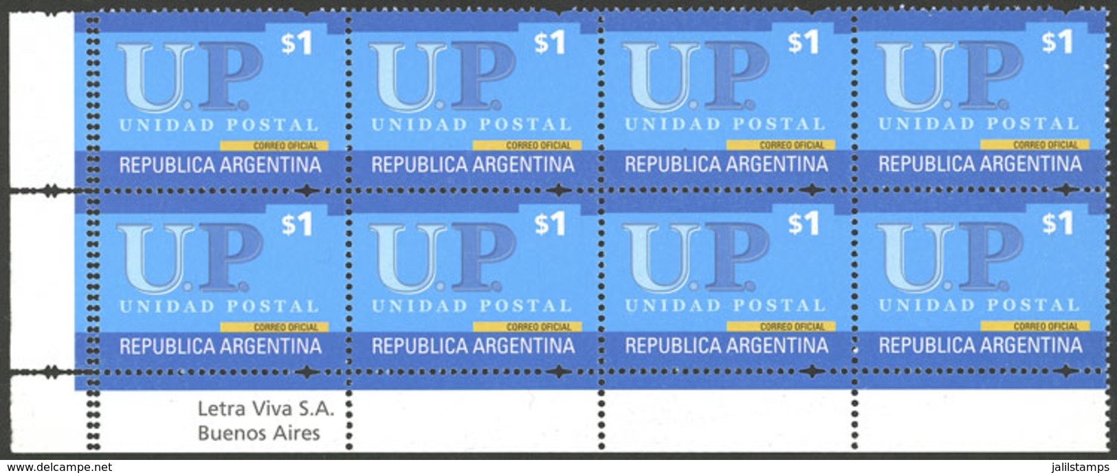 ARGENTINA: GJ.3182, 2002 UP Stamps Of 1P., Block Of 8 With Variety: DOUBLE PERFORATION At Left, VF! - Autres & Non Classés