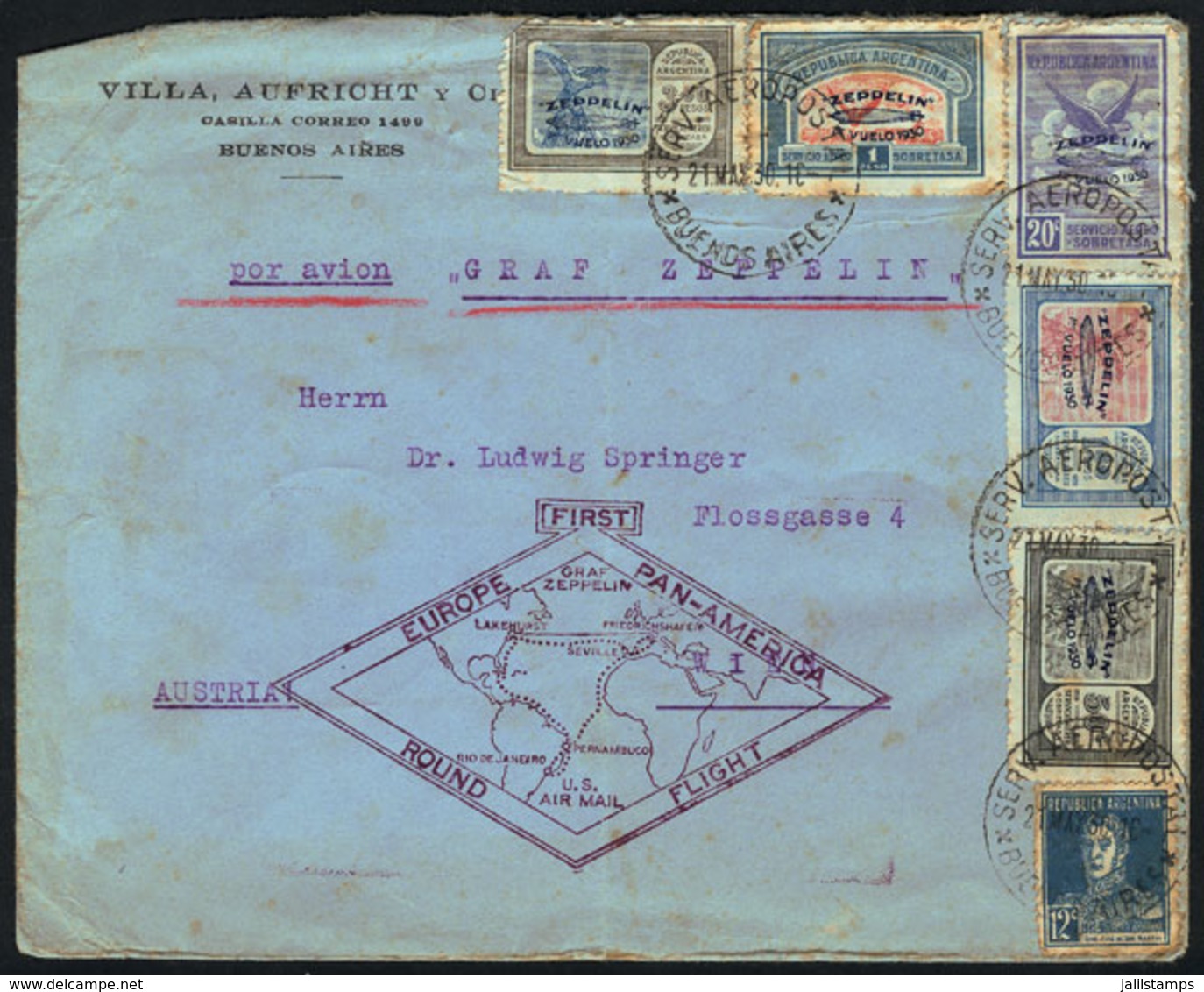 ARGENTINA: GJ.660/664, 1930 Zeppelin, Cmpl. Set Of 5 Values With Blue Overprint Used On A Cover Flown By Zeppelin To Aus - Posta Aerea
