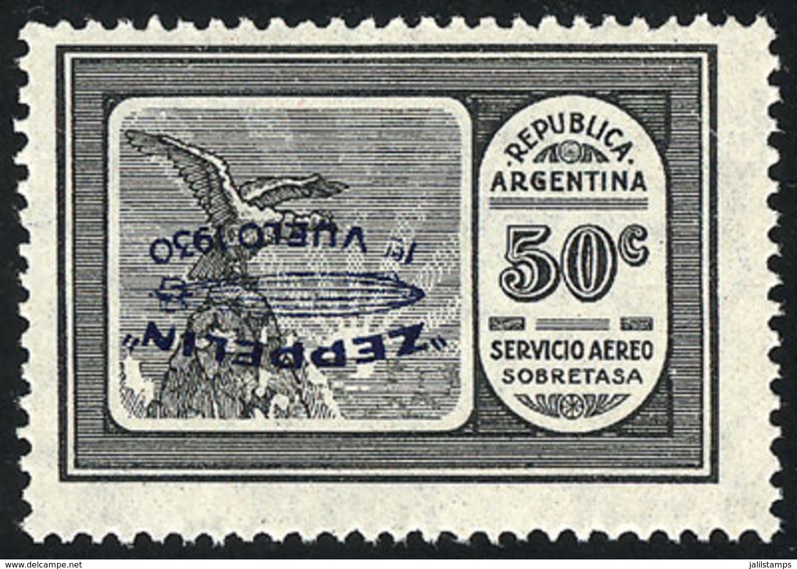 ARGENTINA: GJ.661a, 1930 50c. Zeppelin With INVERTED Blue Overprint, Very Lightly Hinged, Very Fresh, Excellent Quality! - Poste Aérienne