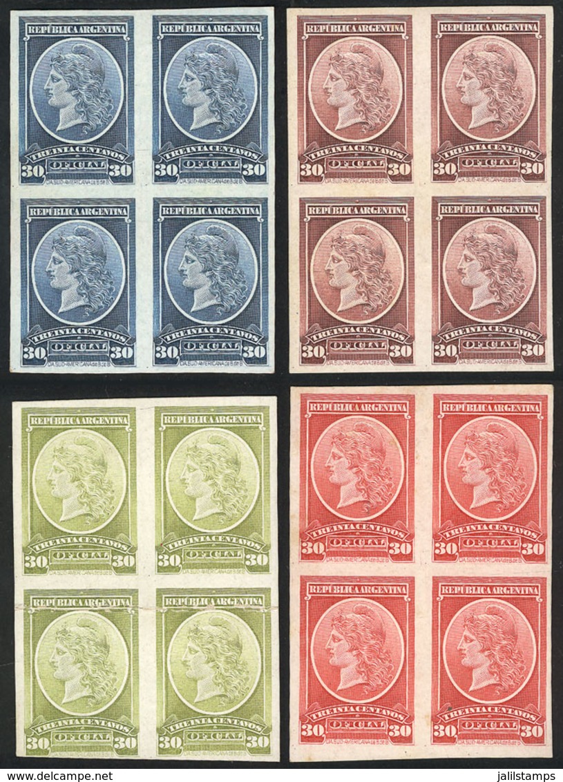 ARGENTINA: GJ.39, 1901 30c. Liberty Head, TRIAL COLOR PROOFS, 4 Blocks Of 4 Printed On Card With Glazed Front, The Block - Officials