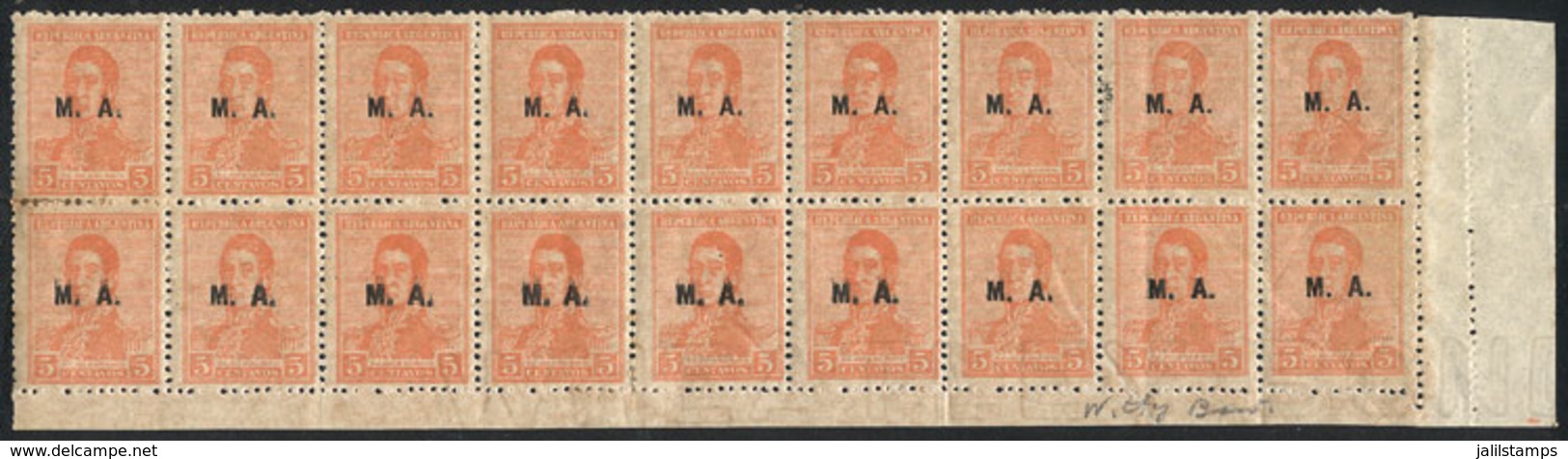 ARGENTINA: GJ.72, 1918 5c. San Martín With M.A. Overprint, Block Of 18 Stamps, 7 Stamps At Bottom-right With W. BOND Wat - Oficiales