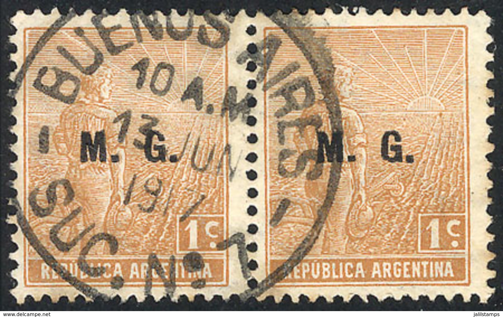 ARGENTINA: GJ.134, 1915 1c. Plowman With M.G. Overprint, Italian Paper With Horiz Honeycomb Wmk, Used Pair, VF, Rare! - Officials