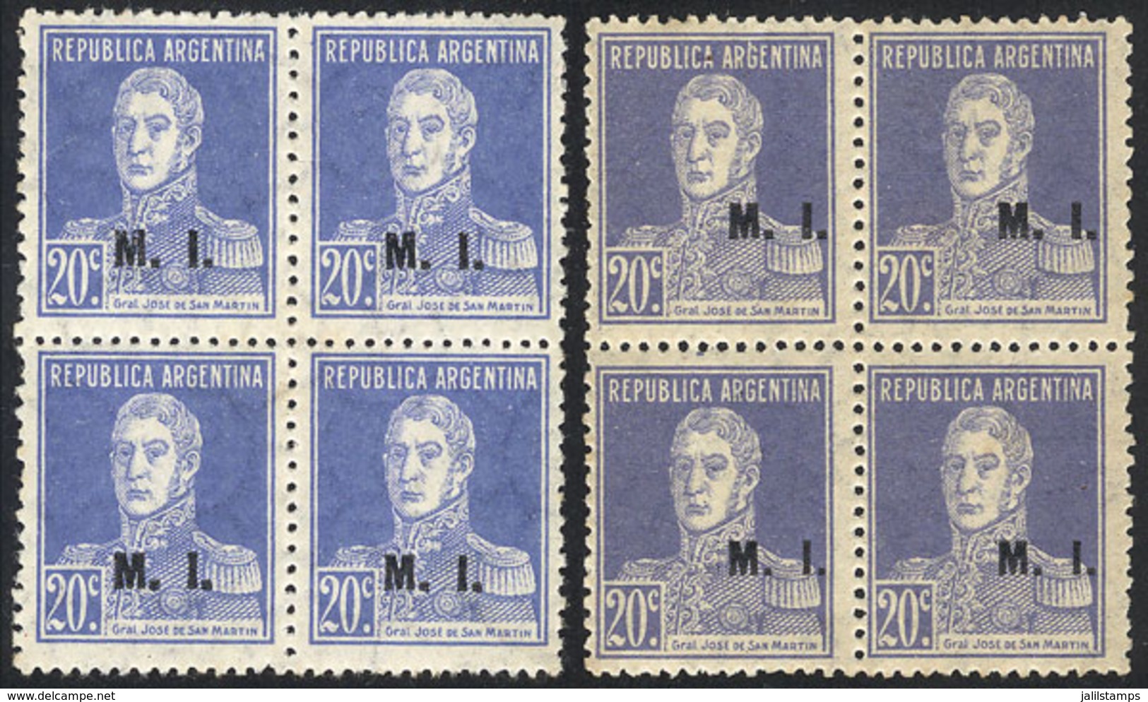 ARGENTINA: GJ.311, 1923 20c. San Martín With Period, Perf 13½x12½ And M.I. Overprint, 2 Blocks Of 4 From Very Different  - Oficiales