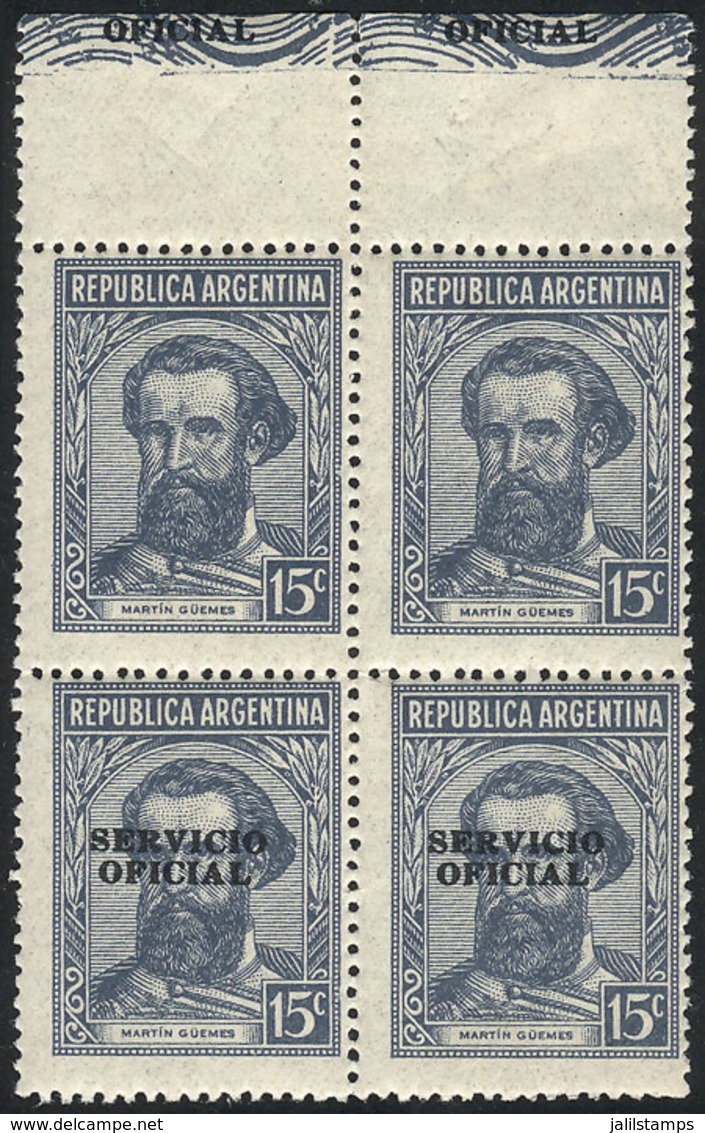 ARGENTINA: GJ.684a, 15c. Güemes Without Watermark, Block Of 4 WITH AND WITHOUT OVERPRINT, Mint (3 MNH), Excellent Qualit - Officials