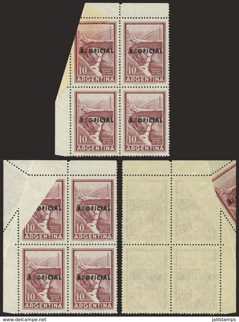 ARGENTINA: GJ.730, Corner Block Of 4, Partially UNPRINTED, With That Area Printed On Back, ON GUM, Excellent! - Officials