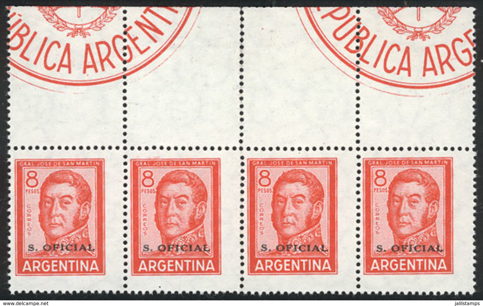 ARGENTINA: GJ.750CA, 8P. San Martín, Strip Of 4 WITH LABELS AT TOP, Uncatalogued, MNH, Very Fine! - Officials