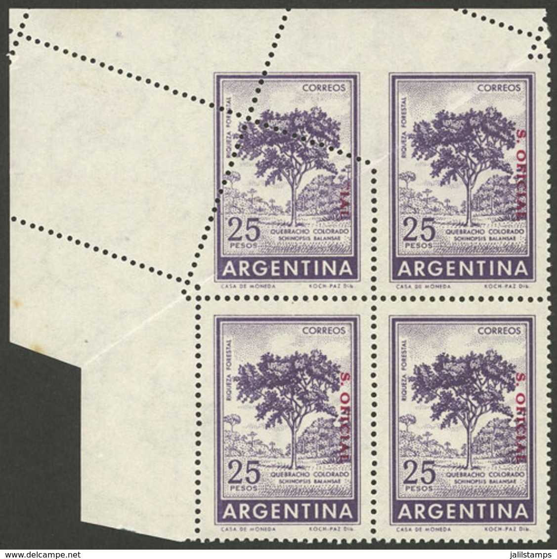 ARGENTINA: GJ.759, 25P. Quebracho Tree, Corner Block Of 4 With Spectacular Perforation Variety, Excellent! - Officials