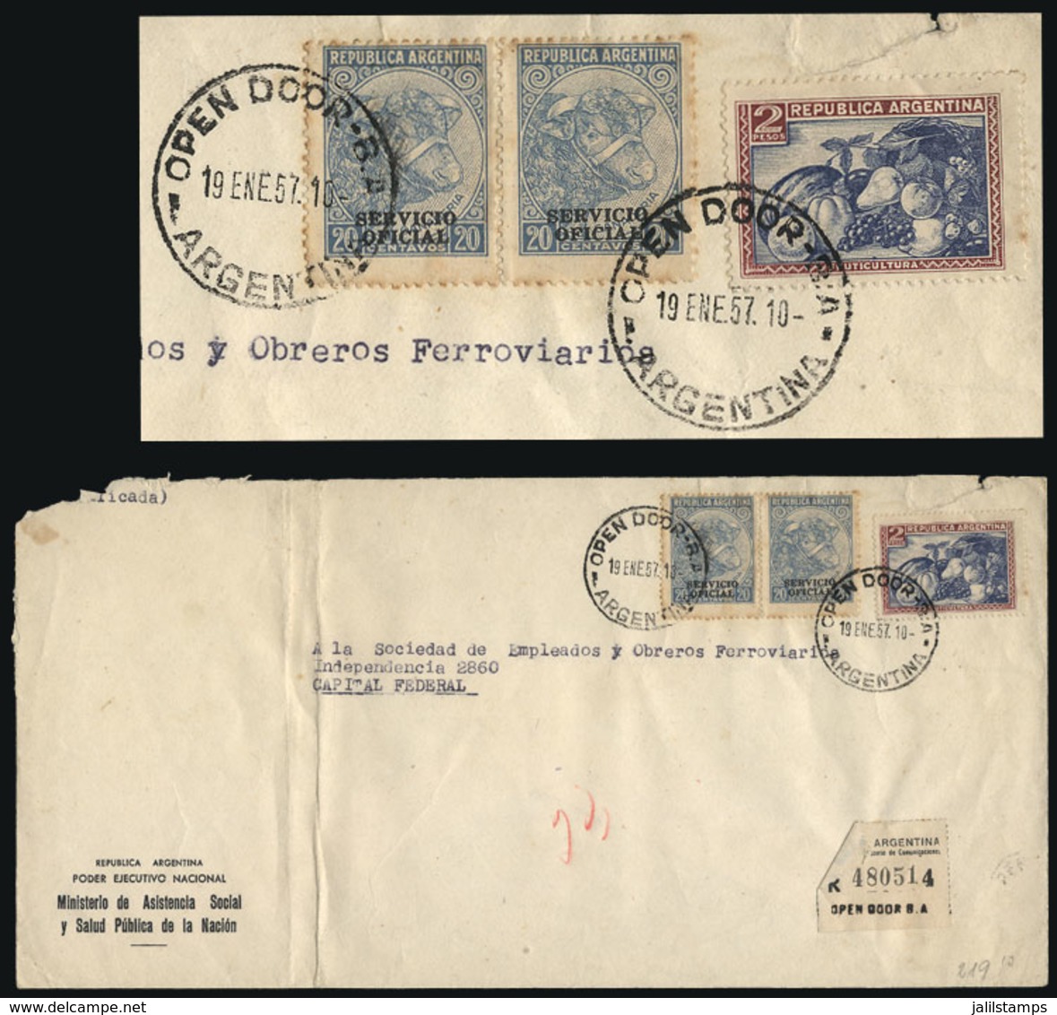 ARGENTINA: Registered Cover Sent From Open Door To Buenos Aires On 19/JA/1957, With Postage Of 2.40P. Combining Stamps W - Officials