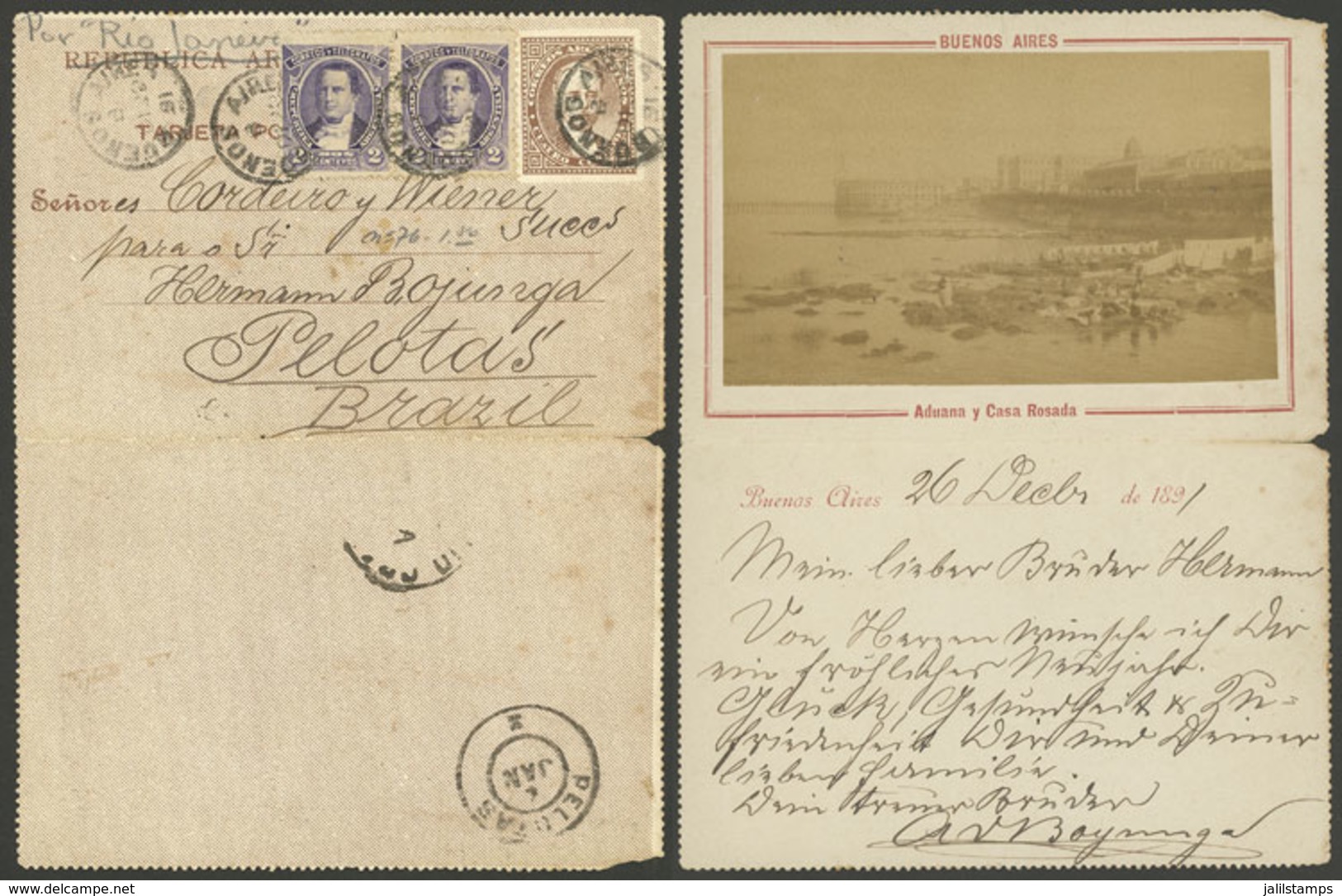 ARGENTINA: GJ.CAP- 5, Extremely Rare 4c. Postal Card Of The Kidd Issue Uprated With 4c. (Sudamericana Issue), Sent From  - Postal Stationery