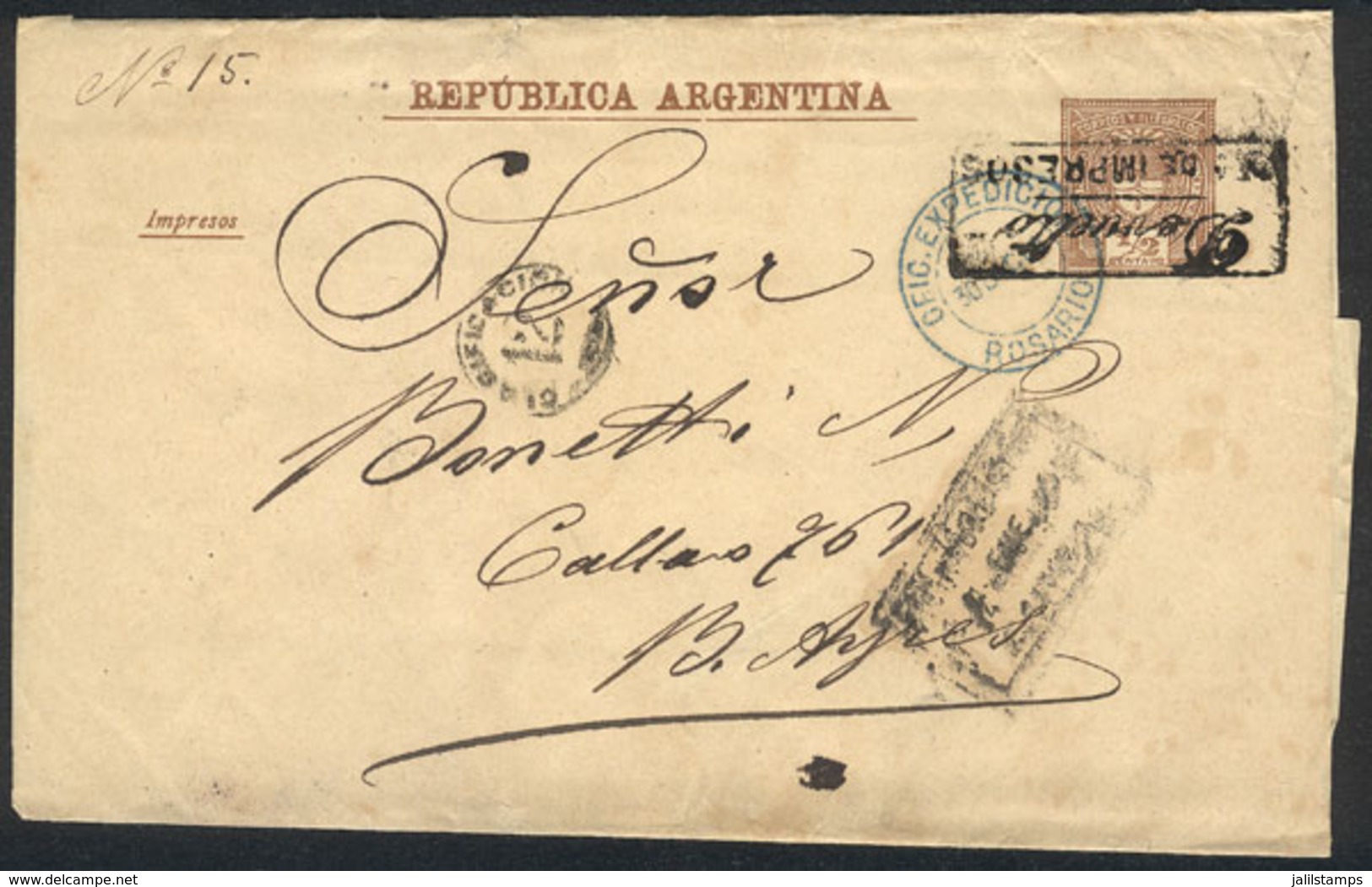 ARGENTINA: ½c. Wrapper Sent From ROSARIO (blue Datestamp Of Oficina De Expedición) To Buenos Aires On 30/DE/1889, On Rev - Other & Unclassified