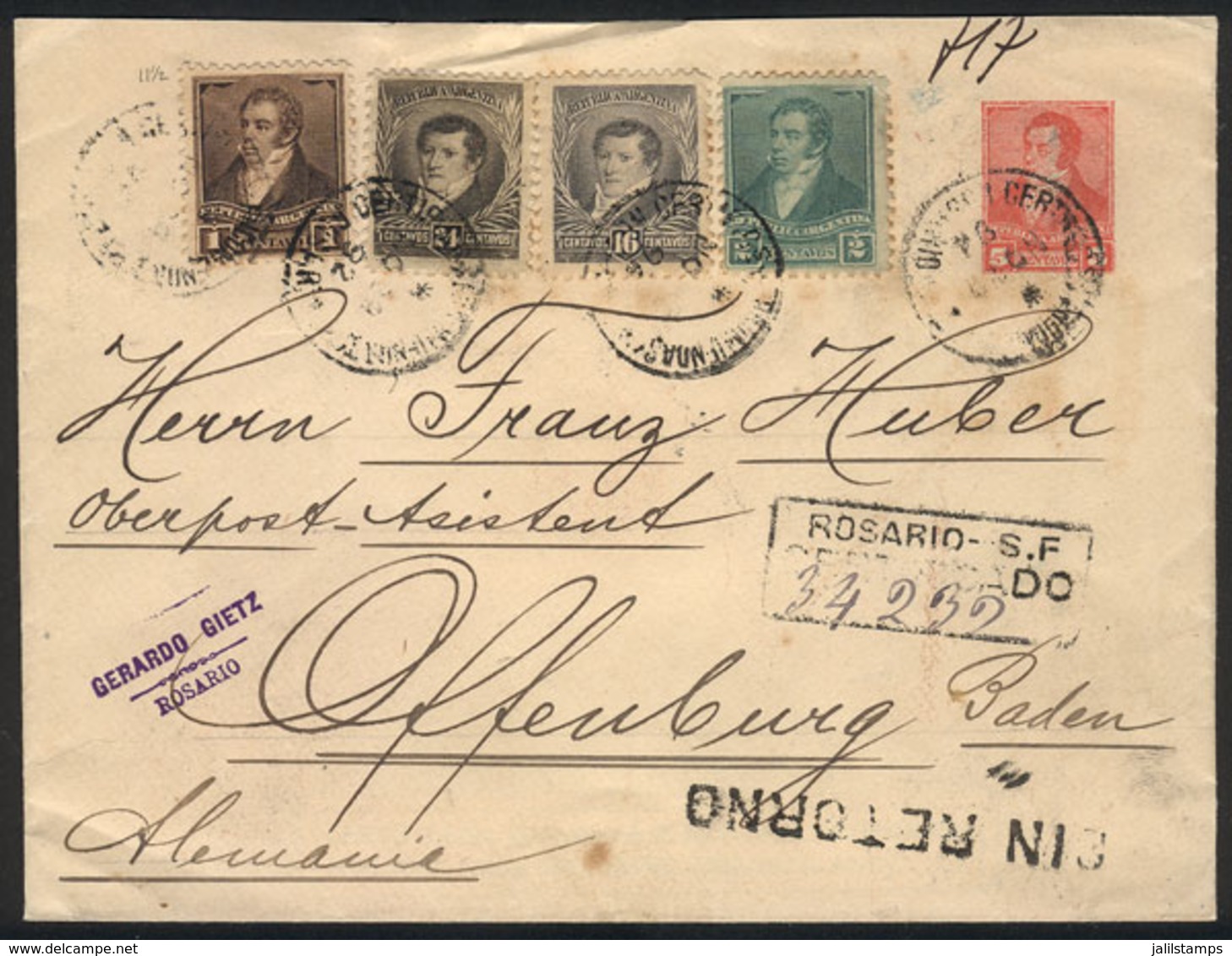 ARGENTINA: 20/NO/1892 Rosario - Germany, 5c. Stationery Envelope + Very Colorful Additional Postage To Complete The 48c. - Autres & Non Classés