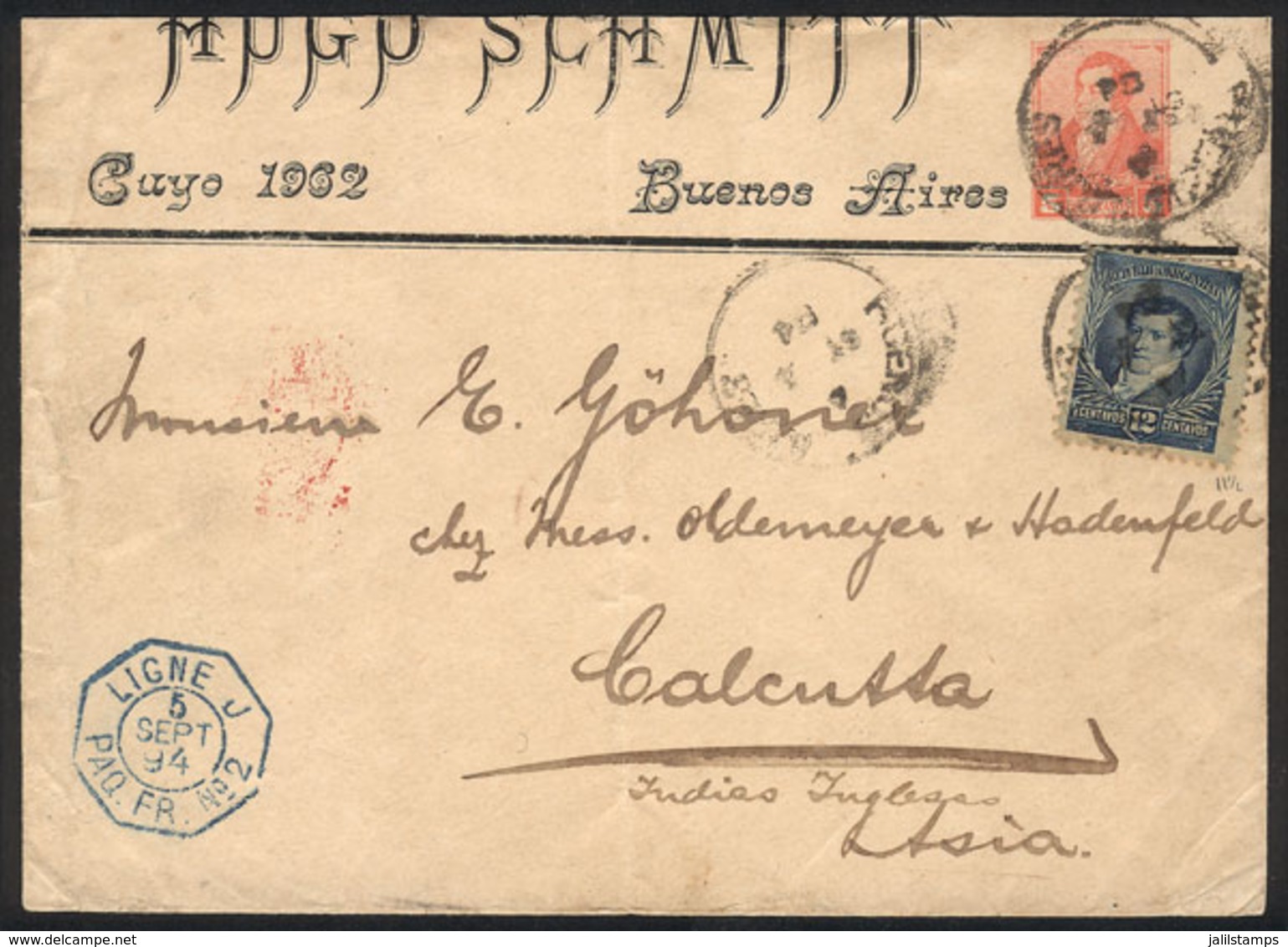 ARGENTINA: RARE DESTINATION: Stationery Envelope Sent From Buenos Aires To INDIA On 4/SE/1894, Franked With 17c., With T - Altri & Non Classificati