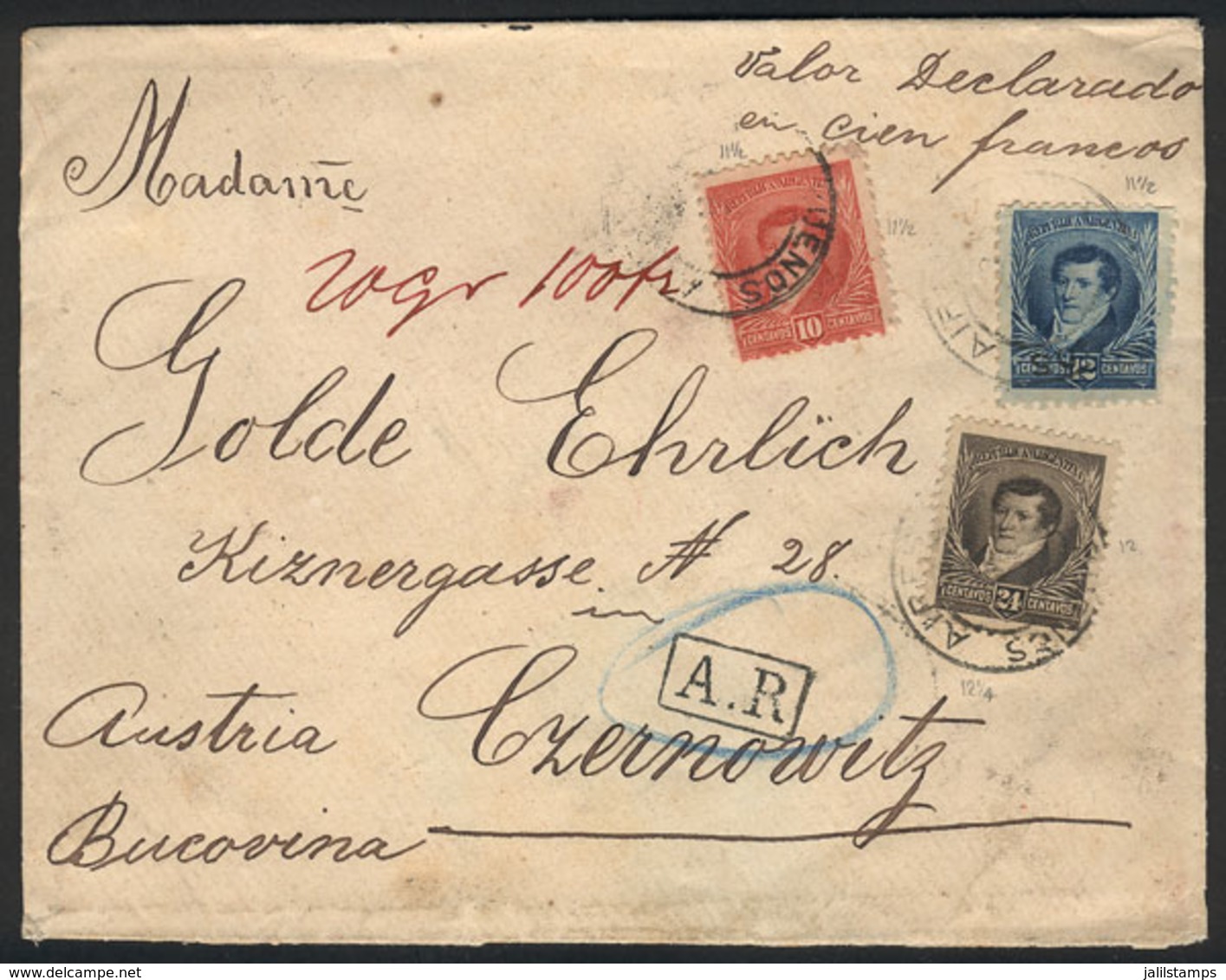 ARGENTINA: Registered Cover With Declared Value Of 100 Francs And AR, Sent From Buenos Aires To Austria On 2/MAR/1895 Wi - Altri & Non Classificati