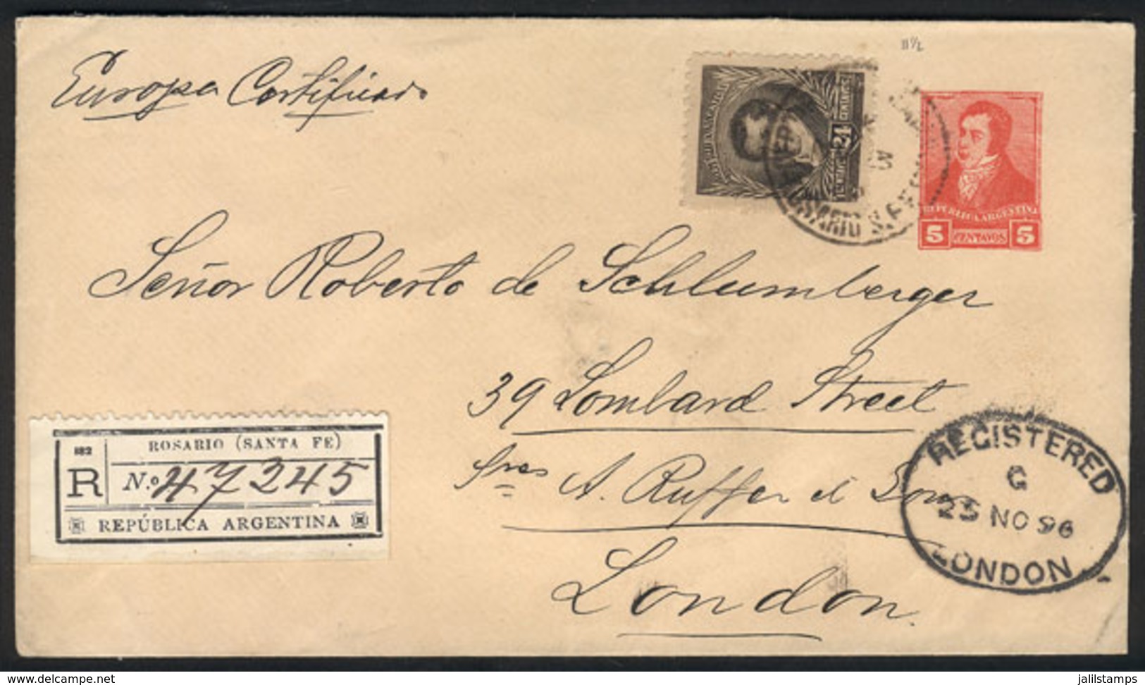 ARGENTINA: 3/NO/1896 Rosario - England, 5c. Stationery Envelope Uprated With 24c. (GJ.182), And Sent By Registered Mail  - Altri & Non Classificati