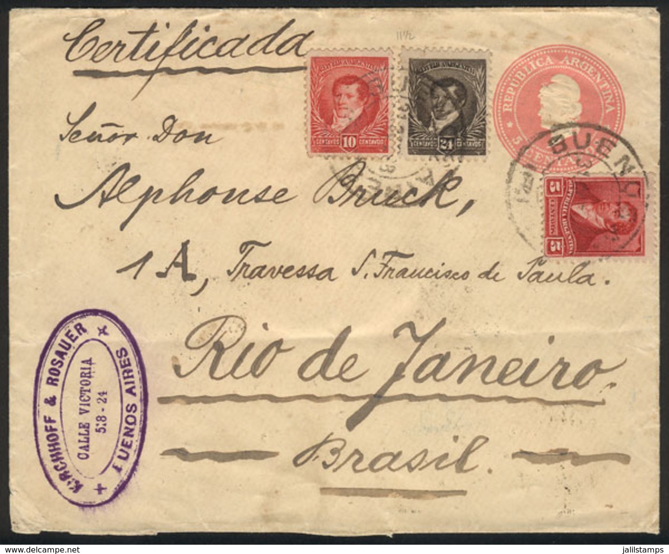 ARGENTINA: 31/OC/1898 Buenos Aires - Brazil, 5c. Liberty Stationery Envelope + Additional Postage (total 44c.) Sent By R - Altri & Non Classificati
