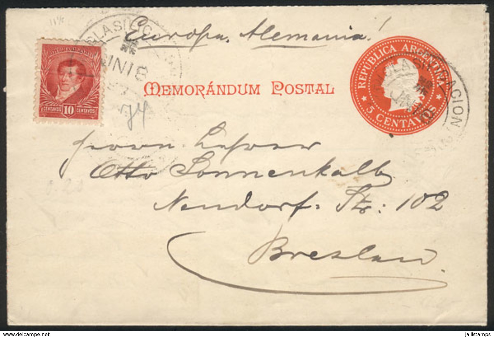 ARGENTINA: GJ.SZC- 3 Memorandum Postal (lettersheet) Uprated With 10c. (total 15c.) Sent To Germany On 18/JUN/1899, Exce - Altri & Non Classificati