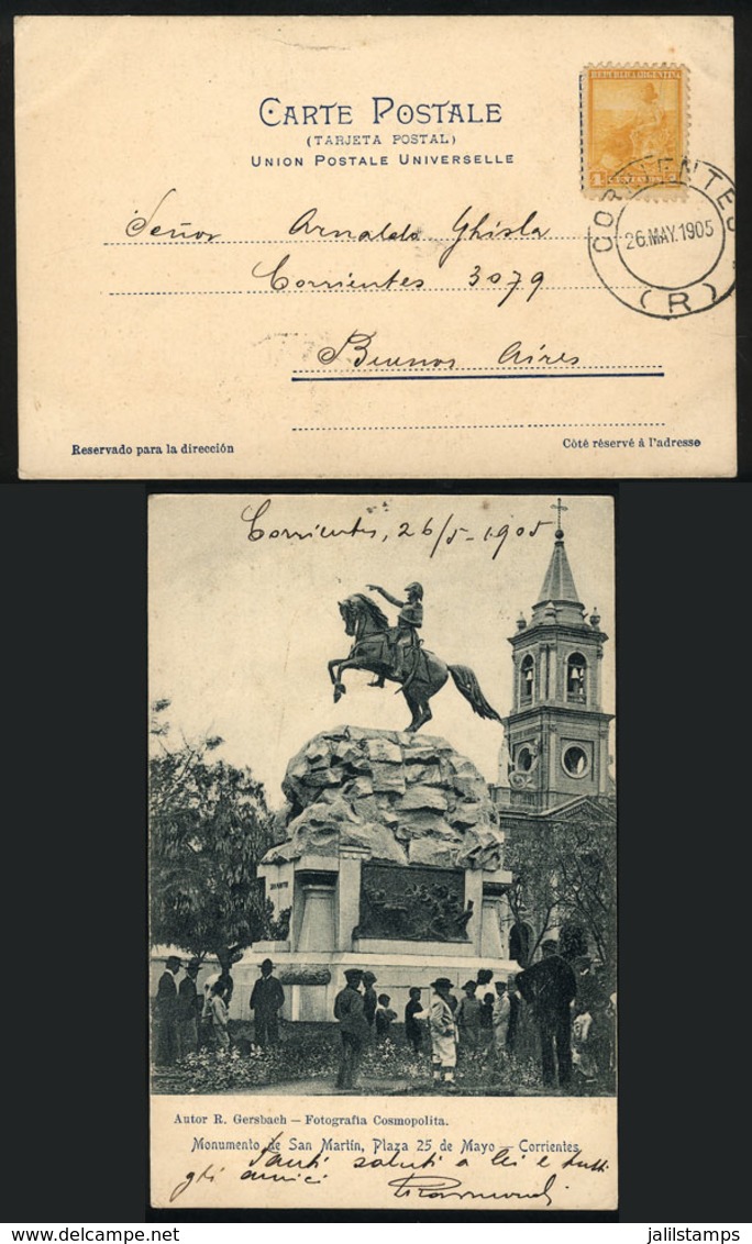 ARGENTINA: PC With View Of Monument To San Martin, Sent From CORRIENTES To B.Aires On 26/MAY/1905, Excellent Quality! - Other & Unclassified