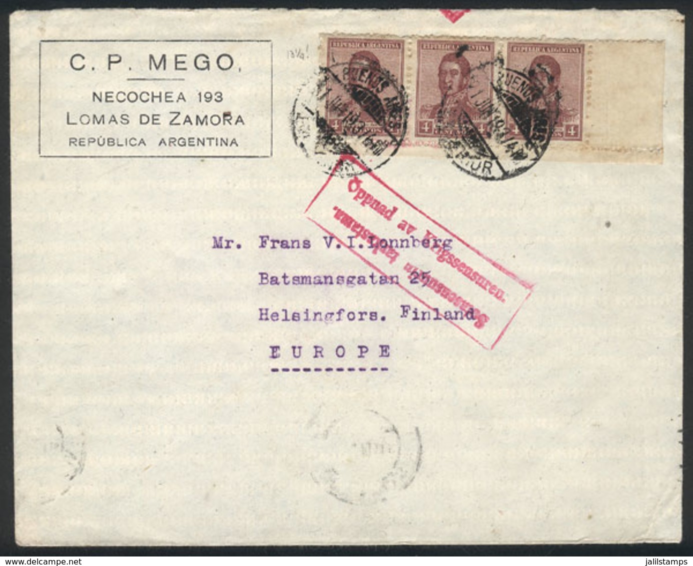 ARGENTINA: 21/JUN/1919 Buenos Aires - FINLAND, Cover Franked With 12c. (GJ.461 Strip Of 3) With Rare Finnish Censor Mark - Autres & Non Classés